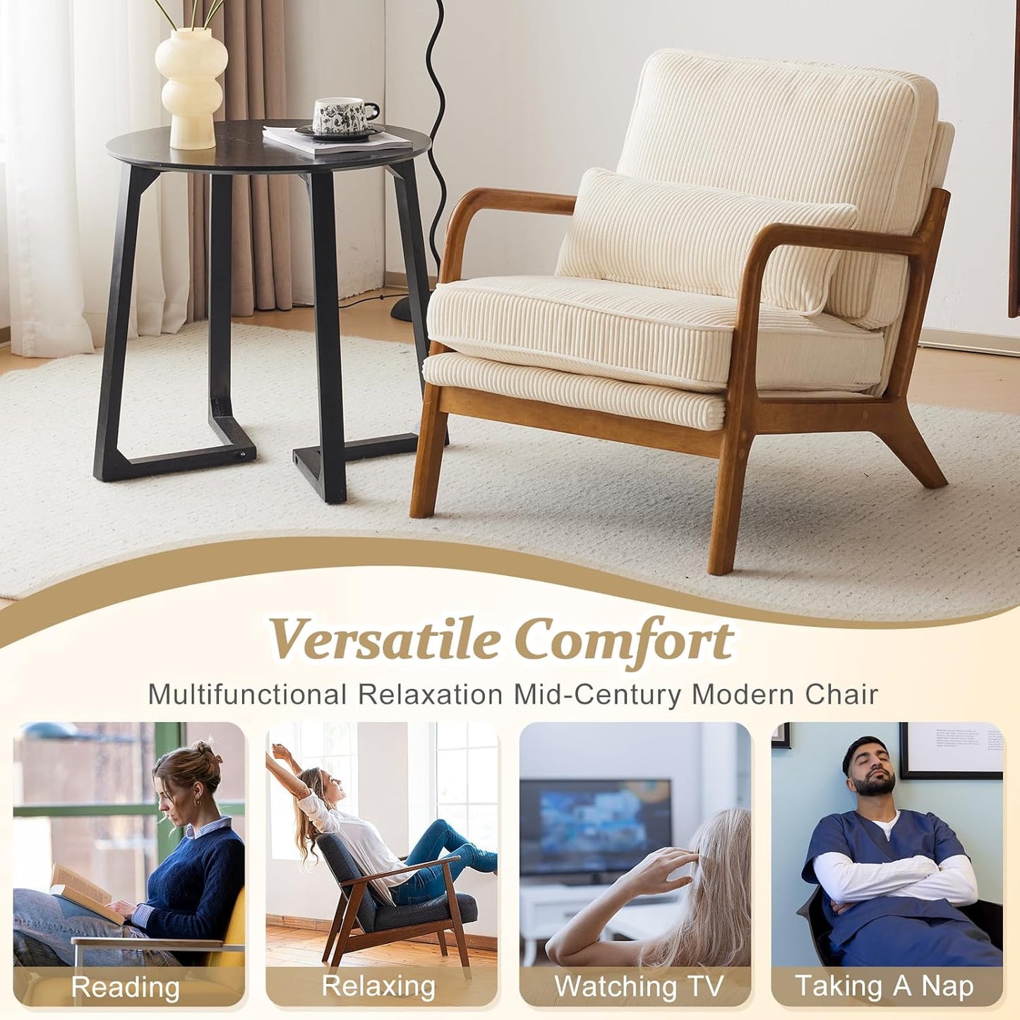 VINGLI Upgraded Premium Corduroy Accent Chairs Set of 2,Upholstered Arm Chair,Solid Wood Comfy Reading Chair with Pillow, Mid Century Modern Chairs for Living Room,Bedroom,Beige