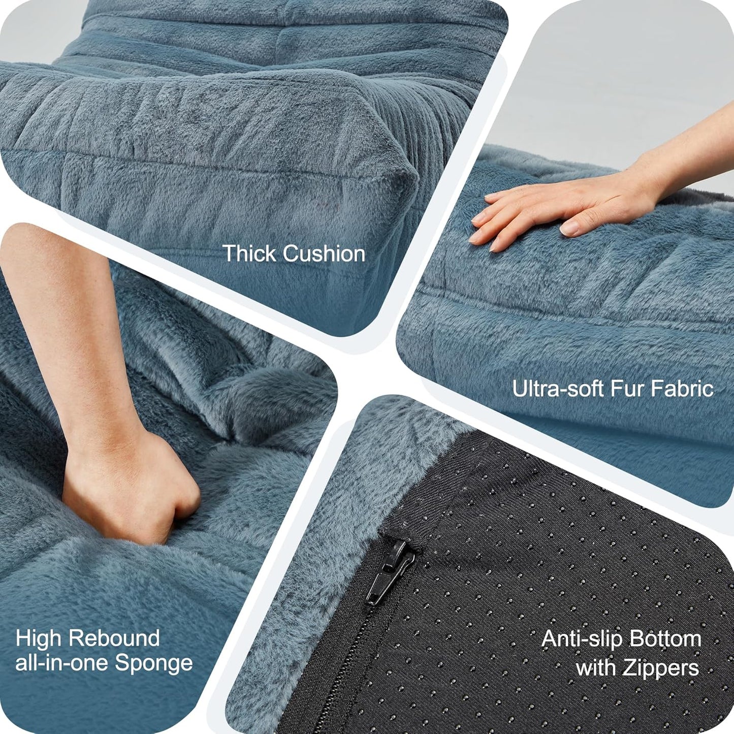 Bean Bag Chairs for Adults Giant Bean Bag Chair Memory Foam BeanBag Chair Bean Bag Sofa with Filler Faux Fur Fireside Beanbags Lazy Sofa for Living Room Bedroom Office (Bluegrey Plush, Single)