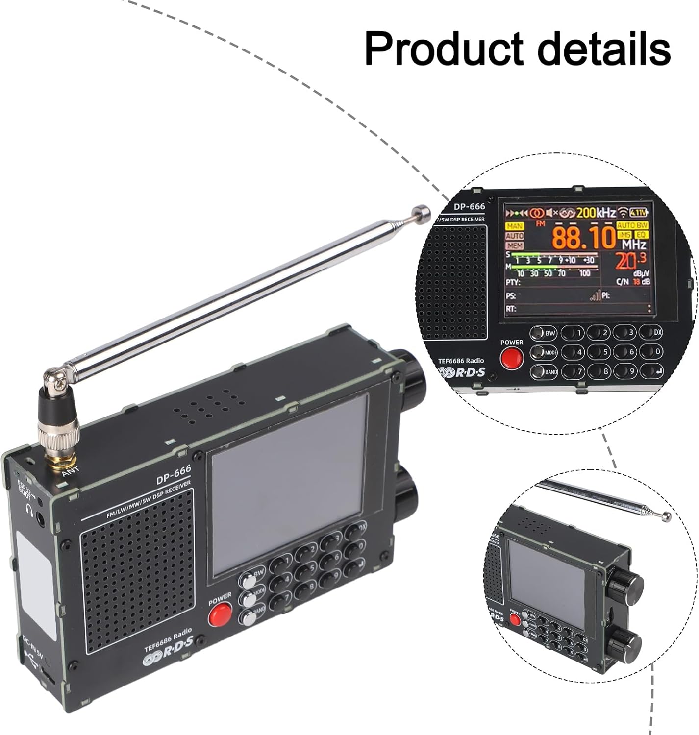 DP-666 TEF6686 Full Band Radio, FM AM Shortwave Radio RDS, 2.8 Inch Resistive Touch LCD Color Screen, Portable High Sensitivity Travel Radio(Black)