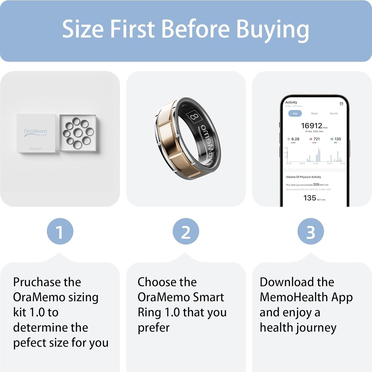 Smart Ring 1.0 for Men/Women, No Subscription Fee, 7-8 Days Battery Life, HRV/Stress Monitoring/Sleep Track/Fitness for iOS and Android, Matte Gold & Silver, Size 9
