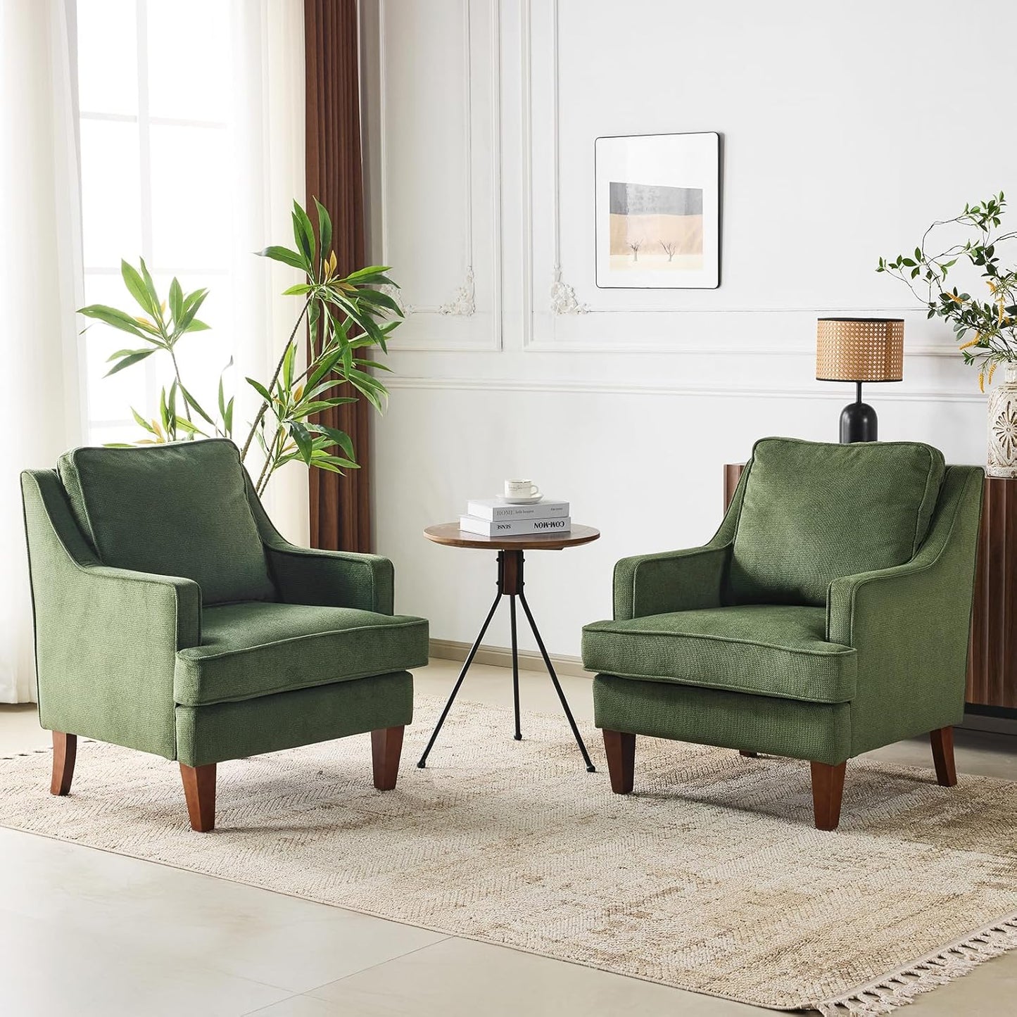 VINGLI Mid-Century Modern Accent Chairs Set of 2, Green Upholstered Armchair Comfy Sofa Chairs Reading Chair High Back for Living Room Bedroom Furniture Apartment