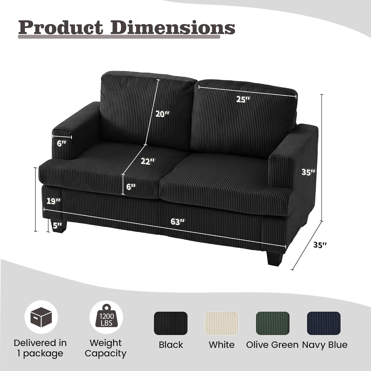 Apicizon Loveseat & 3 Seater Sofa Sets, 89" Couch Sofa Set for Living Room Furniture, 2 Piece Modern Sleeper Sofa with Deep Seat Cloud Couch for Apartment Lounge, Black Corduroy