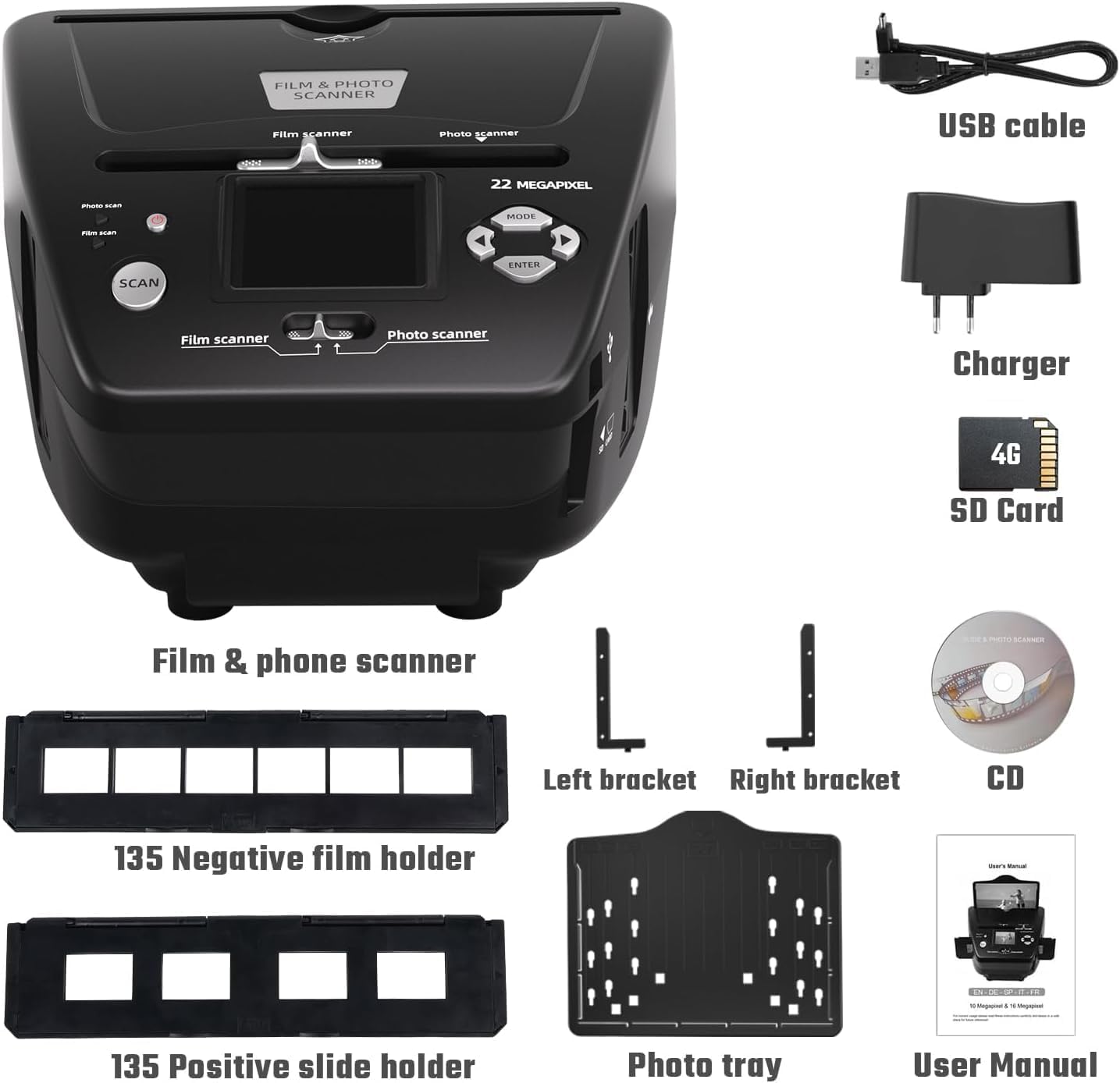 22MP Photo and Slide Scanner with 2.4” LCD Screen, All-in-One Digital Film Converter for 35mm/135 Negatives & Slides, 3R 4R 5R Print Photos and Business Cards, 4GB SD Card Included