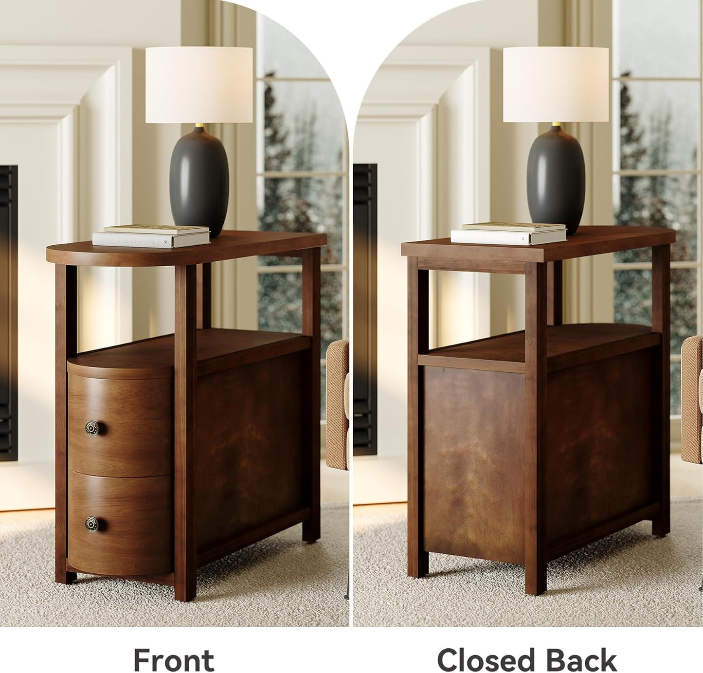 LITTLE TREE Solid Wood End Table Set 2 with 2 Drawers & Open Shelf, No Assembly Required Side Table for Living Room, Vintage Brown Couch Side Tables, Slim Bedside Table Nightstand for Bedroom