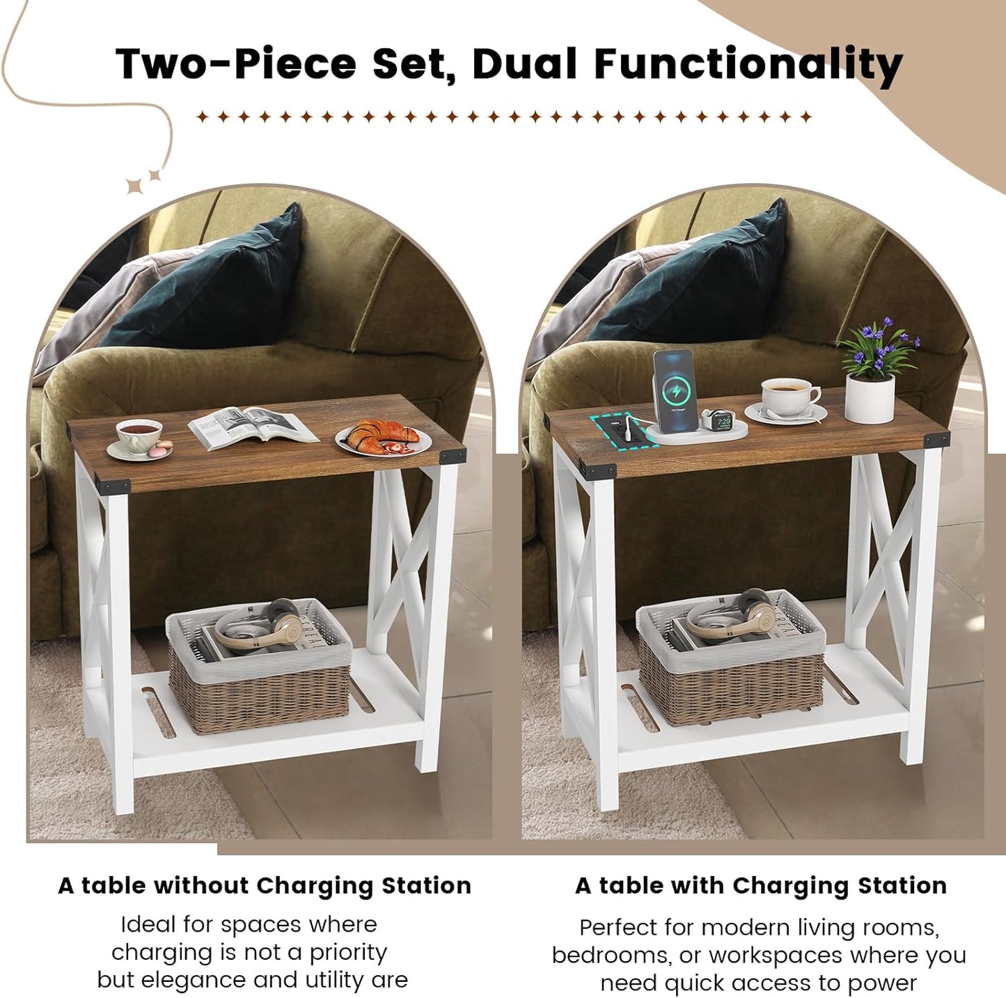 Hadulcet Farmhouse End Tables Living Room Set of 2, Narrow Side Table with Charging Station, Slim Nightstand for Small Space, Skinny Bedside Table, Sofa Side Table with Storage Shelf, White & Brown