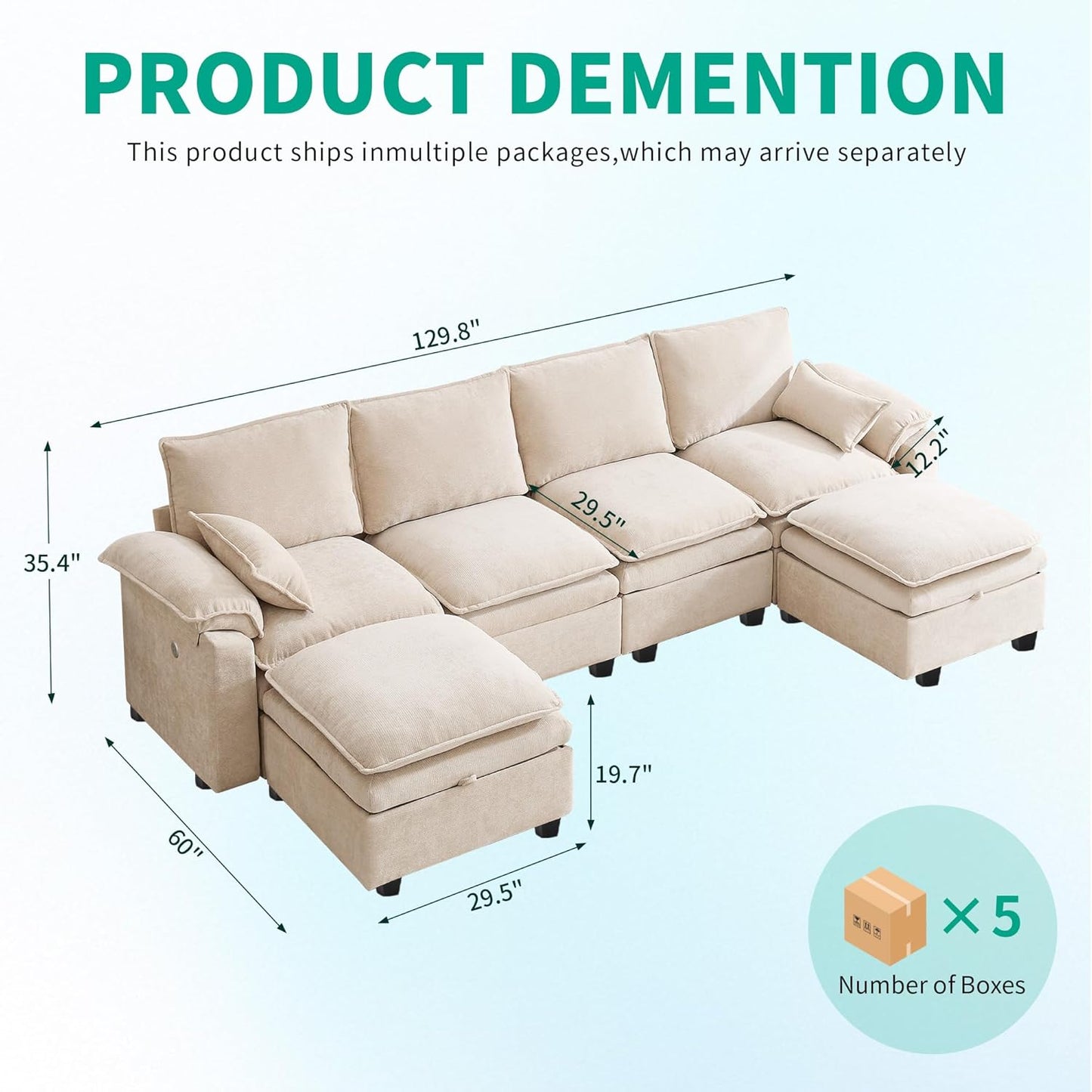 Large U-Shaped Sectional Couch Set - 6/7/8 Seater Oversized Cloud Sofa for Living Room, Big Comfy Chenille Fabric Couches, Extra Long Modular Sofa Bed Furniture (Beige, 6-Seater Sofa)