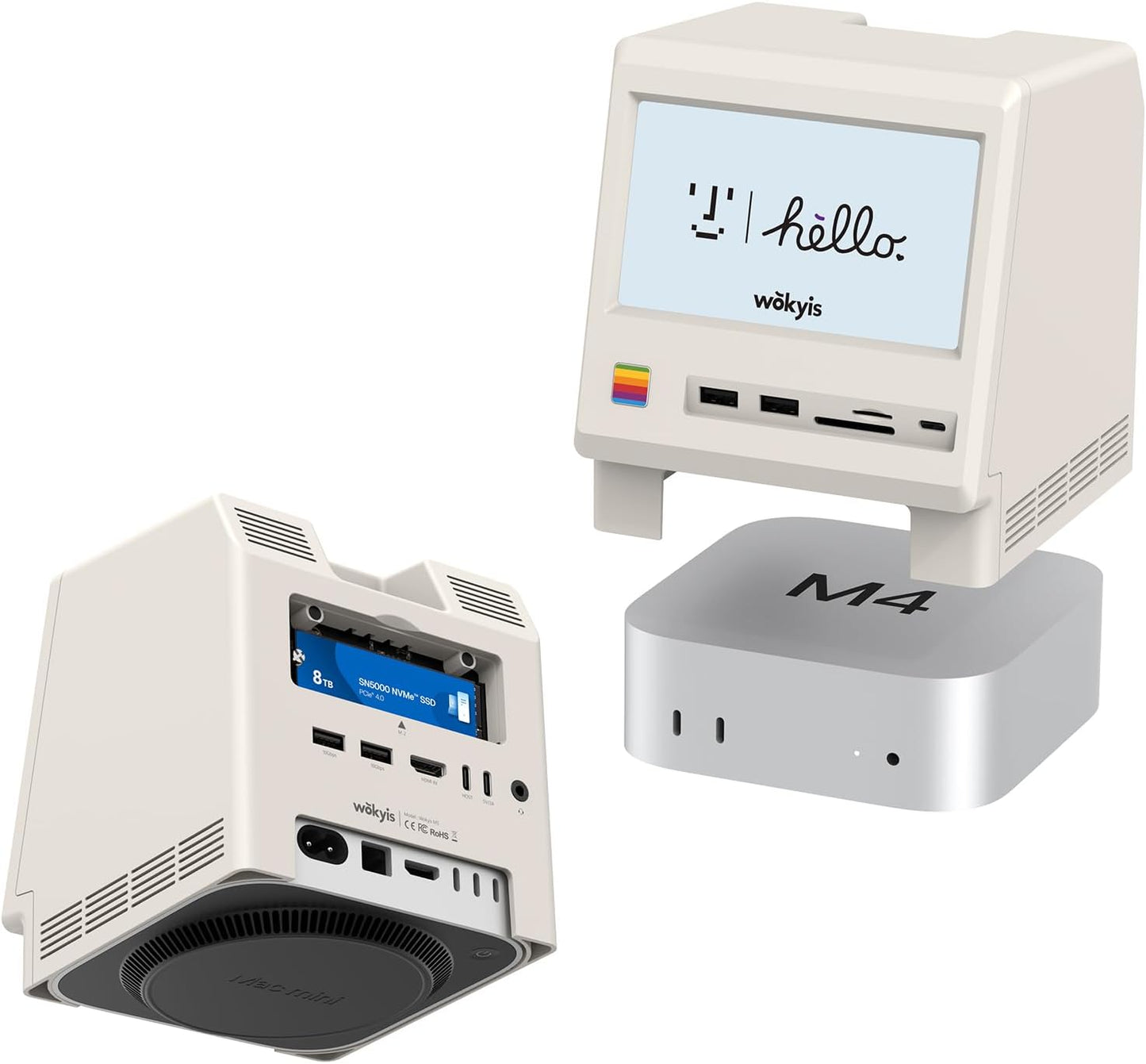 M5 Retro Dock Station for Mac mini M4, 5'inch HD Display, 10Gbps M.2 NVMe SSD Enclosure, SD/Micro SD Reader 4.0, 4*USB-A 1*USB-C 10Gbps, 3.5mm Earphone Jack,