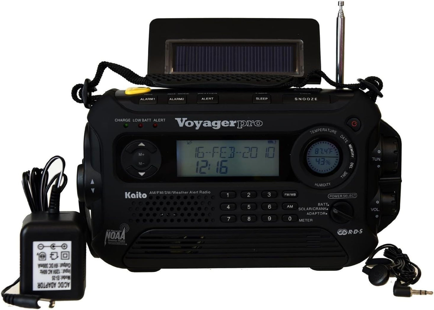 Kaito Voyager Pro KA600 Digital Solar Dynamo Hand Crank AM/FM/LW/SW & NOAA Weather Emergency Radio with Flashlight, Reading Lamp,Smart Phone Charger & RDS and Real-Time Alert, with AC Adapter, Black
