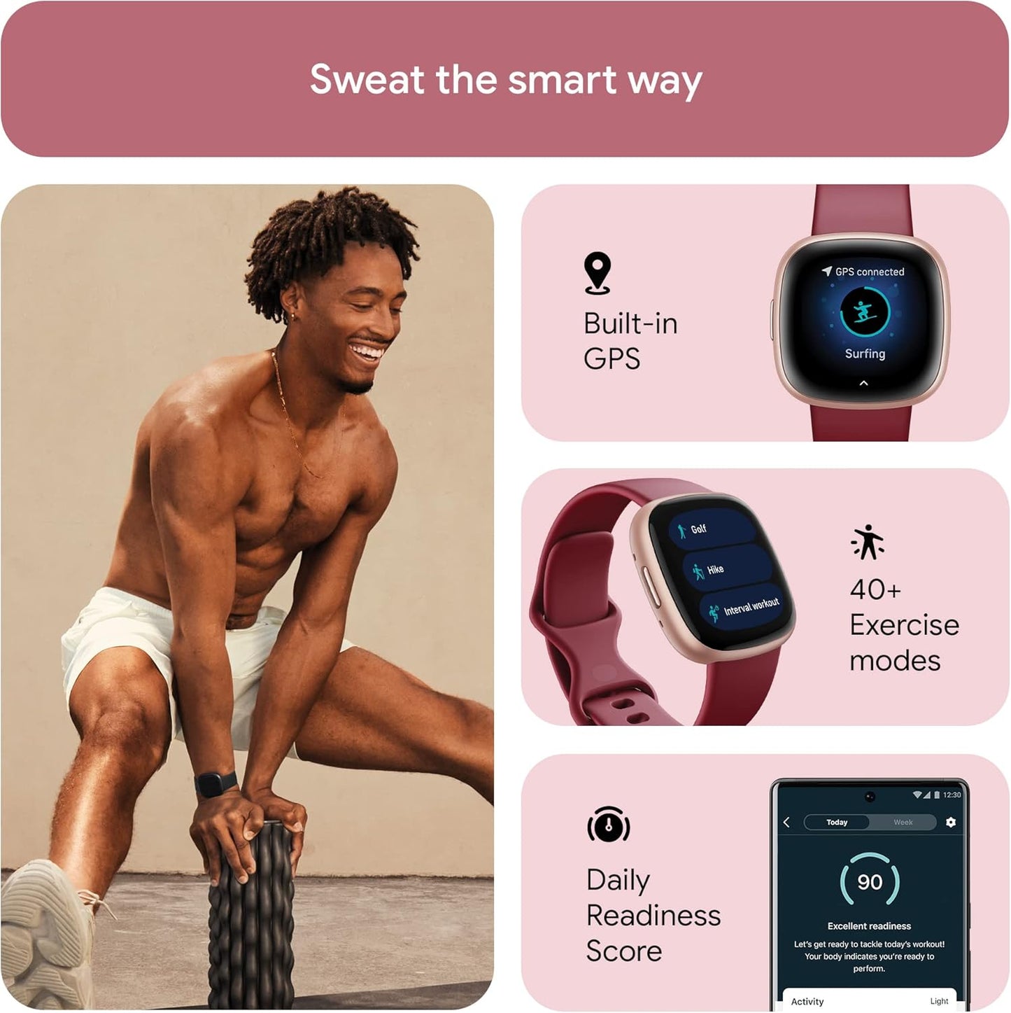 Fitbit Versa 4 Fitness Smartwatch with Daily Readiness, GPS, 24/7 Heart Rate, 40+ Exercise Modes, Sleep Tracking and More, Beet Juice/Copper Rose, One Size (S & L Bands Included)