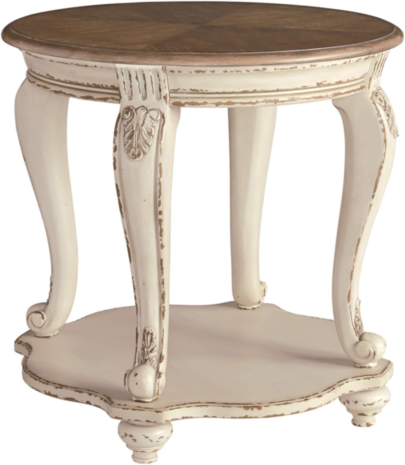 Signature Design by Ashley Realyn Round End Table, Cottage-Style Side Table with Antiqued Two-Tone Finish, Wood & Veneer Construction for Living Room or Bedroom, White/Brown