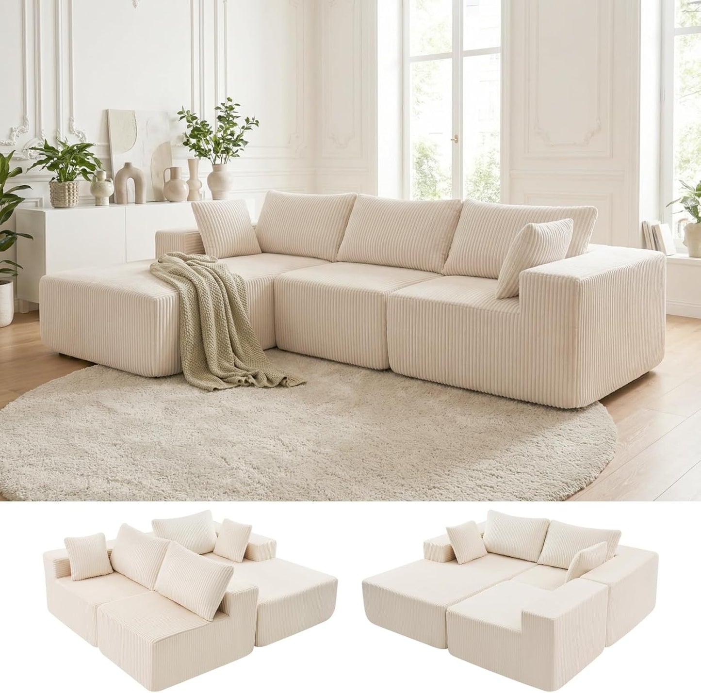 DUMOS 108" Boneless Couch, Cloud Sectional Couch with L-Shape Chaise, Modular Sectional Sofa with Deep Seat, Upholstered Couch for Living Room Bedroom, No Assembly Required, Beige, Left Facing Chaise