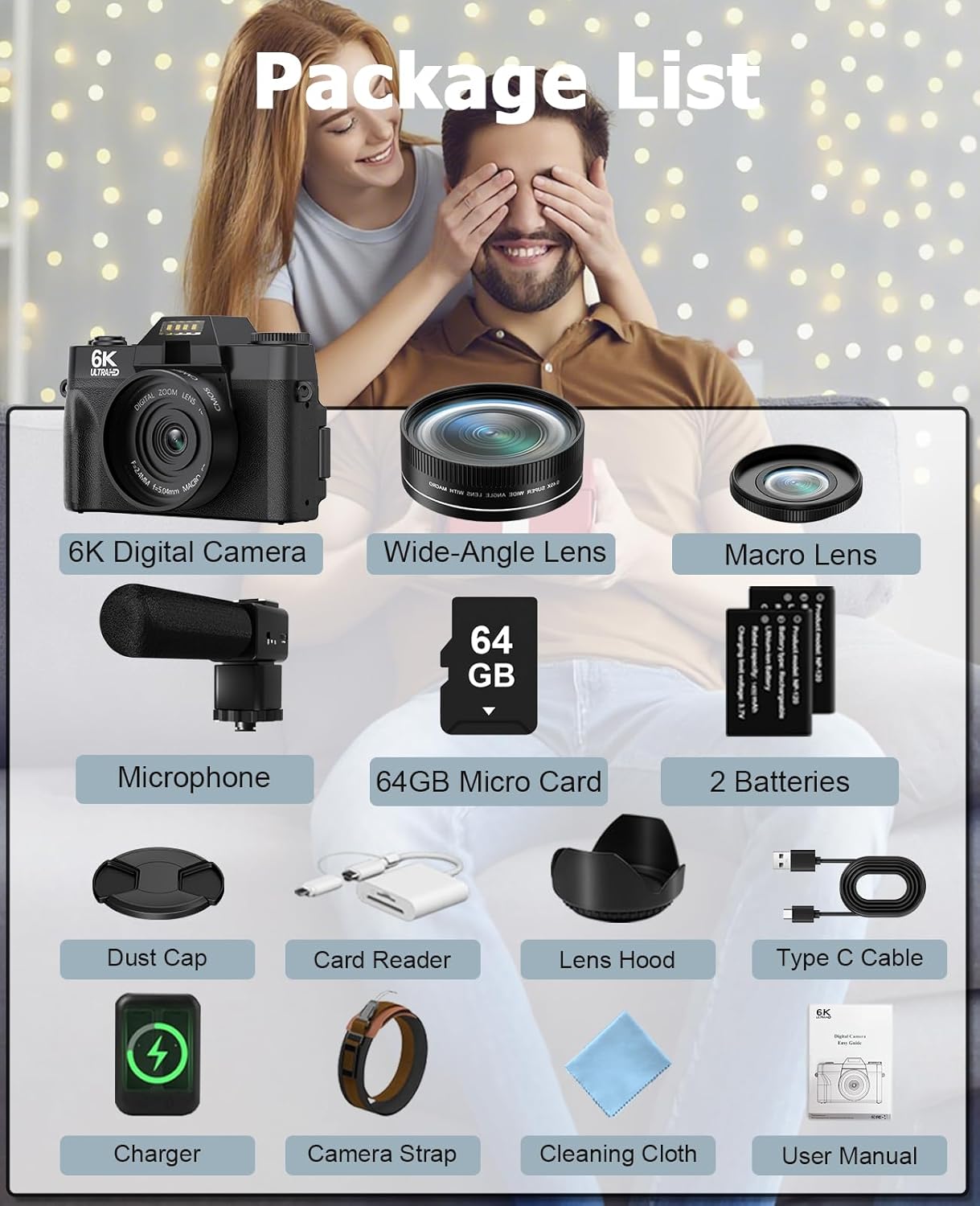 FLATIC Cameras for Photography, 6K 64MP Digital Camera with WiFi & Microphone for Youtuber, 16X Zoom Vlogging Camera with 180°Flip Screen, 64GB Card, 2 Batteries, Macro & Wide-Angle Lens, Card Reader