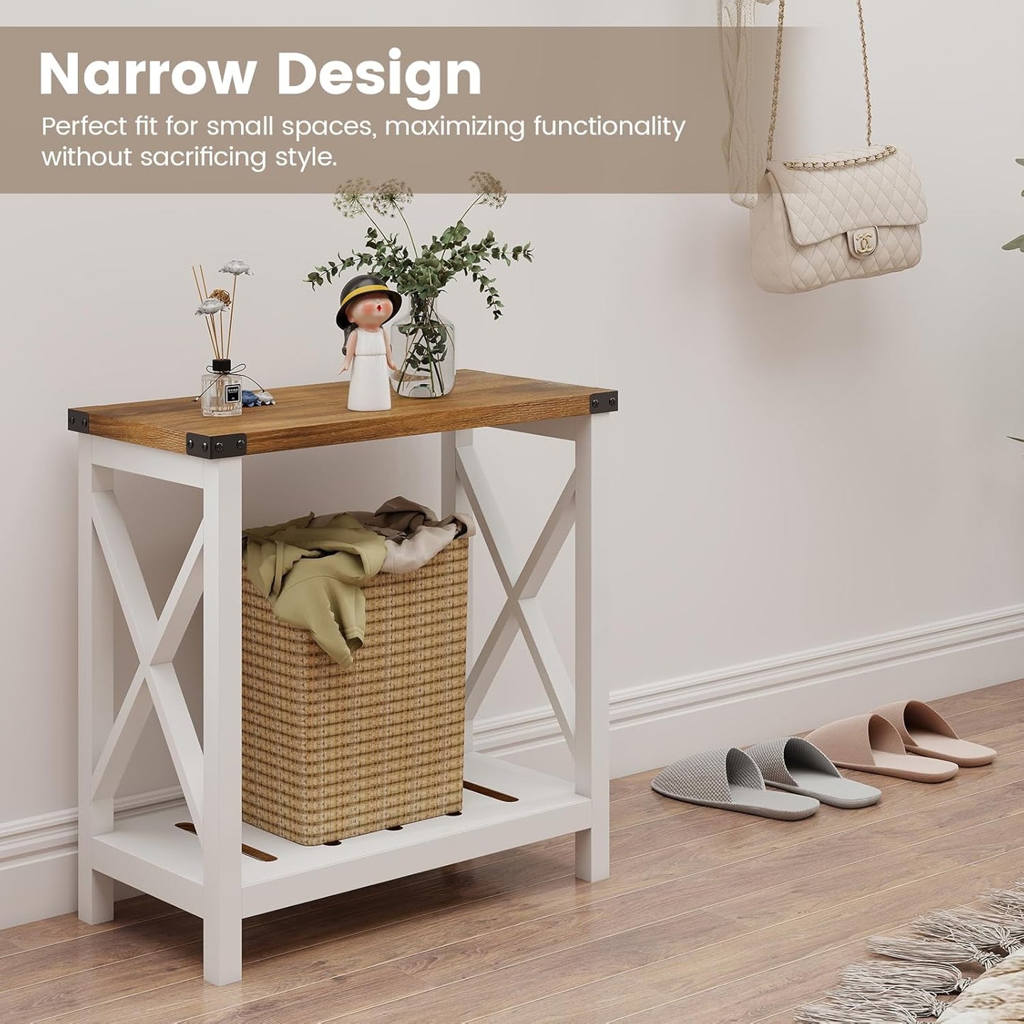 Hadulcet Farmhouse End Tables Living Room Set of 2, Narrow Side Table with Charging Station, Slim Nightstand for Small Space, Skinny Bedside Table, Sofa Side Table with Storage Shelf, White & Brown