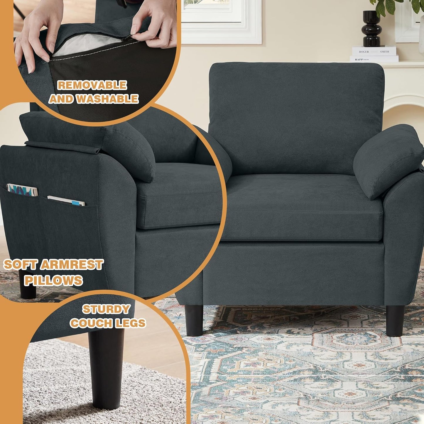 4 Piece Convertible Sectional Sofa Set, Modern Linen Small L Shaped Couch with Reversible Chaise, 3-Seater Sofa & Loveseat & Armchair for Living Room, Office, Apartment, Dark Grey