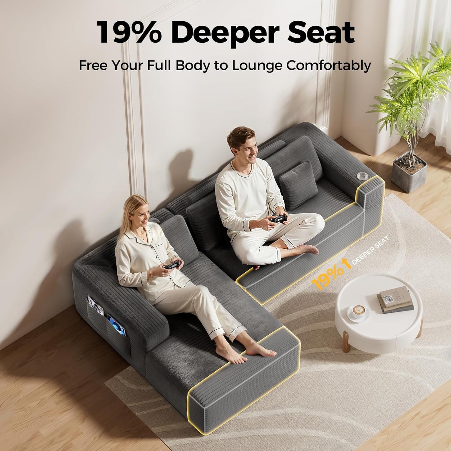 CAMMOO 108” Cloud Sectional Couch in One Box, Compressed Modular Sectional Sofa with Deep Seat, Corduroy Boneless Couches, L-Shaped Sofa for Living Room, 4 Storage Pockets(Left Facing Chaise, Grey)