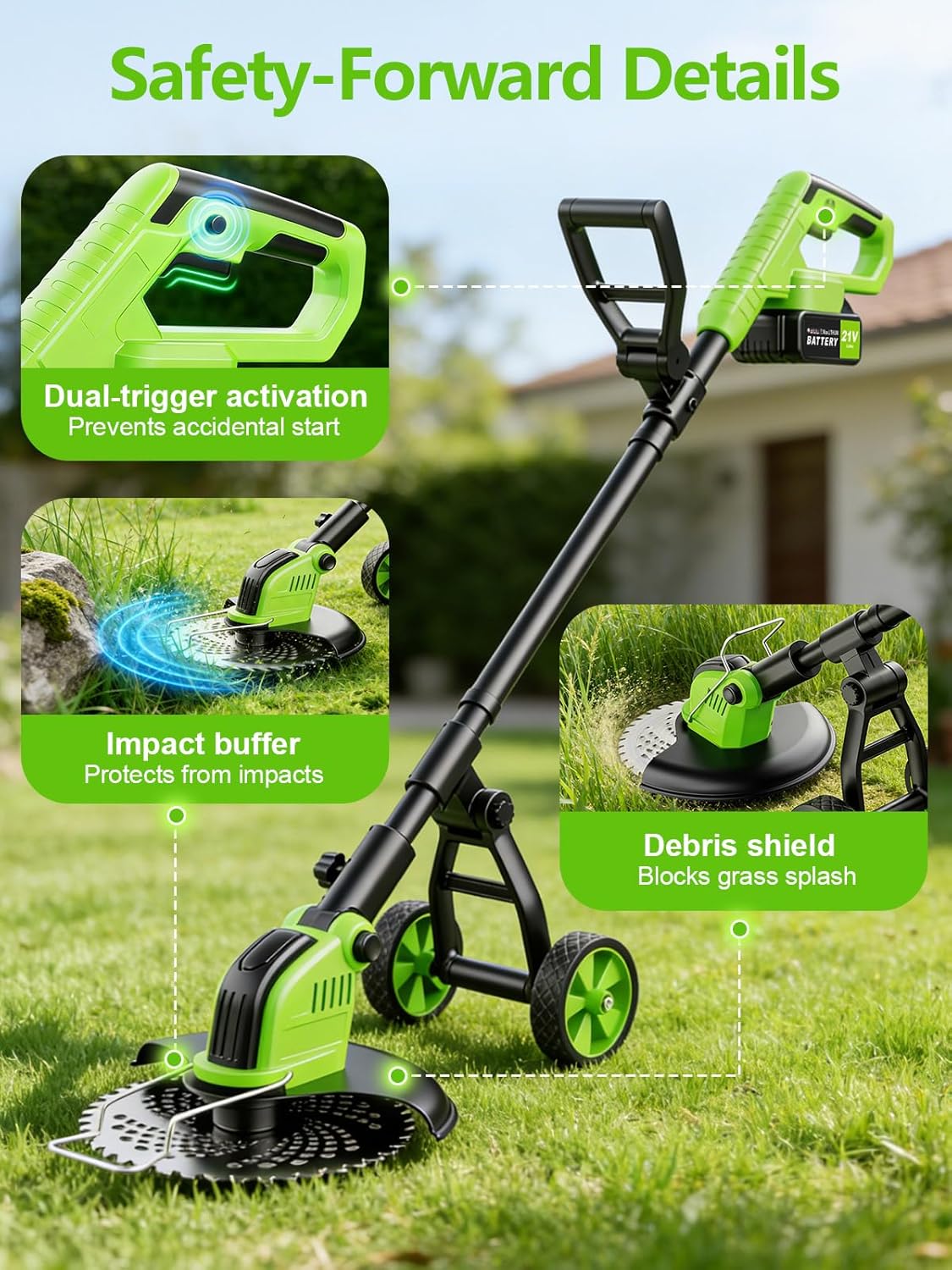 20,000RPM Cordless Electric Weed Wacker, 800W Brushless Weed Eater with Wheels, 12" 4-in-1 String Trimmer Lawn Edger Mini Lawn Mower Brush Cutter, Foldable, 21V, 2×4.0Ah Batteries Power Display