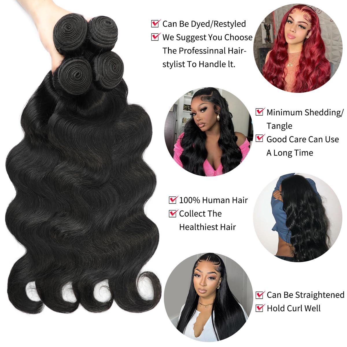 26 28 30 32 Inch Bundles Human Hair 12A Body Wave Bundles Human Hair 100% Unprocessed Brazilian Virgin Hair 4 Bundles Human Hair Body Wave Human Hair Extensions Natural Black