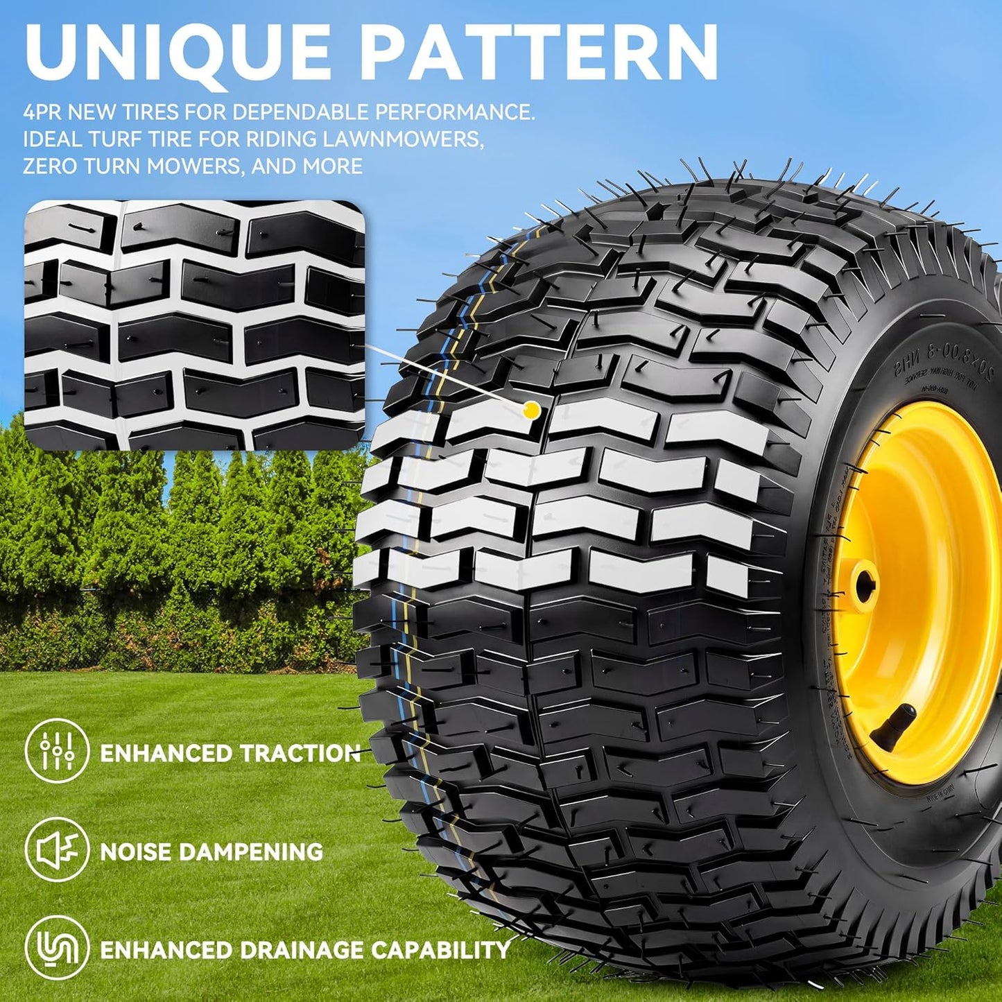 YITAMOTOR 20x8.00-8 Lawn Mower Tires & Wheel Assemblies, 4 Ply Tubeless Front Tires Replacement Fits Lawn Tractors, More Riding Mowers & Garden Vehicle | 3/4" Bore Hole, 3/16" Keyway, 960LBS (2 Pack)