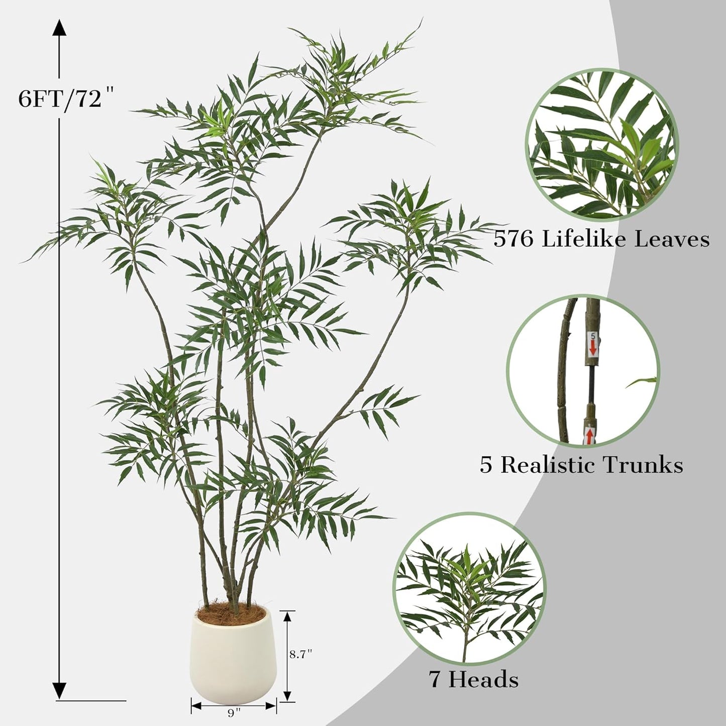 Artificial Mahonia Fortunei Tree 6FT - Faux Trees Indoor with 576 Lifelike Vivid Leaves and 7 Heads, 72" Tall Fake Potted Plant for Home Office Living Room Decor Housewarming Gift