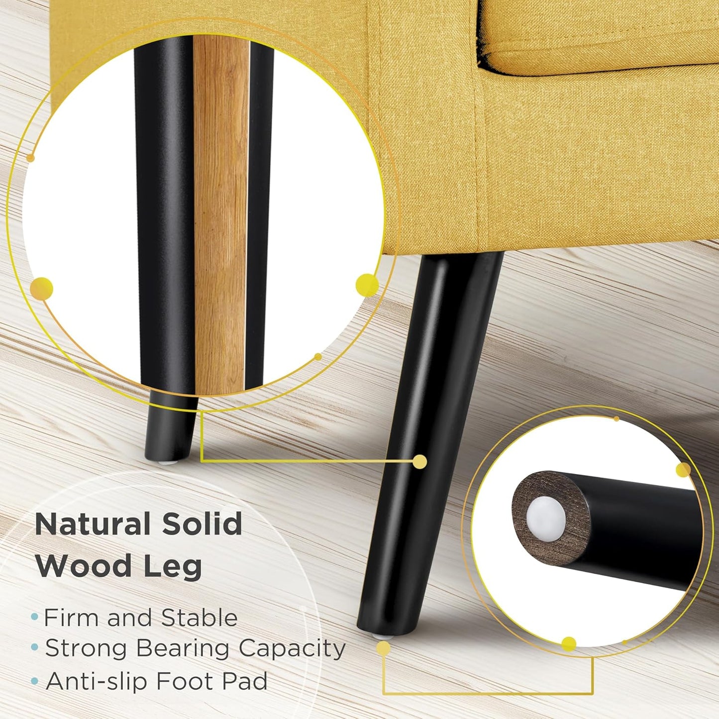 Yaheetech Mid-Century Accent Chairs, Modern Upholstered Living Room Chair, Cozy Armchair Button Tufted Back and Wood Legs for Bedroom/Office/Cafe, Set of 2, Yellow