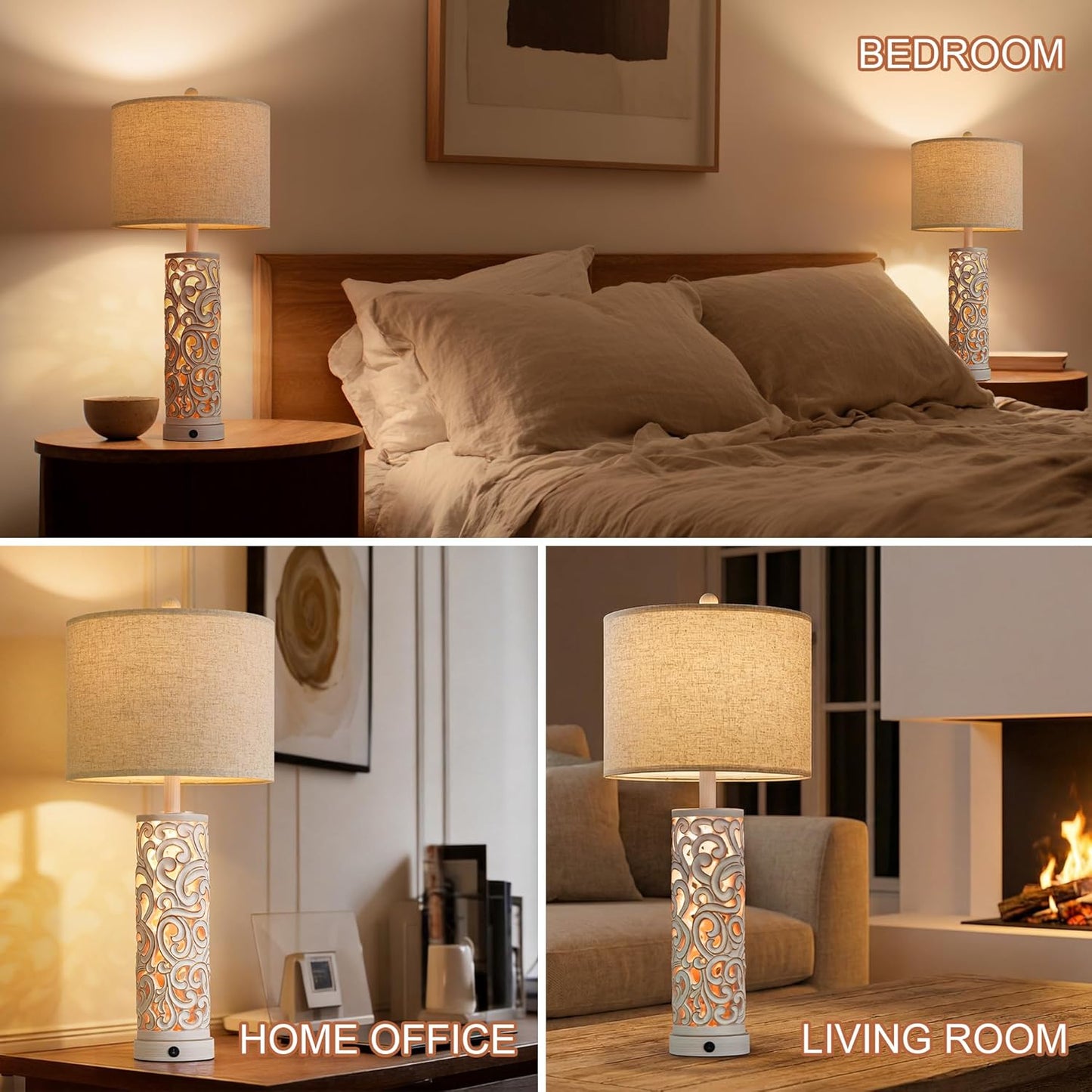 OYEARS 2-in-1 Light Table Lamp Set of 2 for Living Room, 28.5" Farmhouse Bedside Lamps with USB Charging Port, Main&Night Light & Dual Switches, Nightstand Lamp for Bedroom Home Office(Bulb Included)