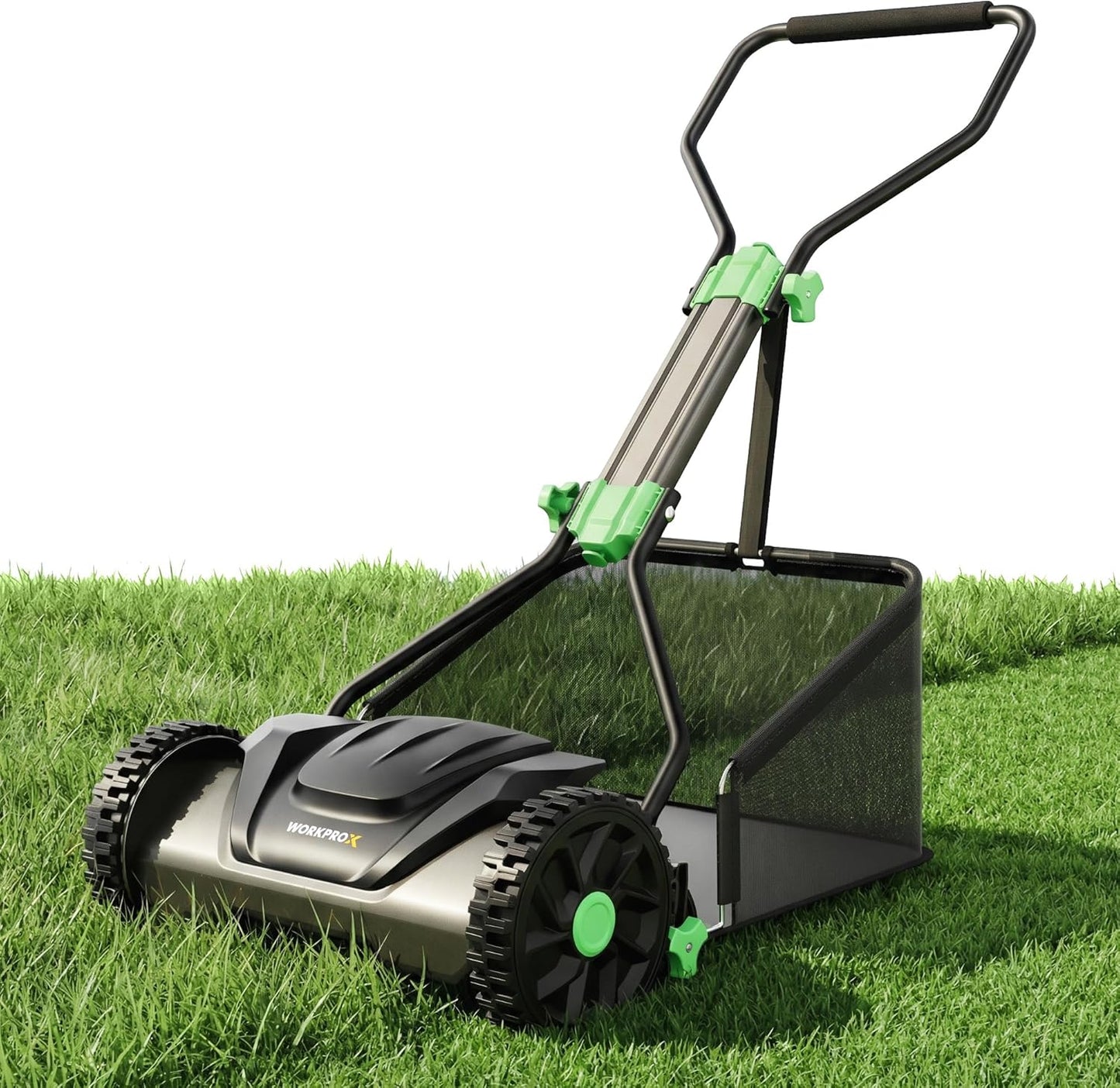 WORKPROX 16-Inch Push Reel Lawn Mower, Adjustable Height 5-Blade Reel Mower with Removable 8-Gallon Grass Catcher for Yards and Gardens, Black