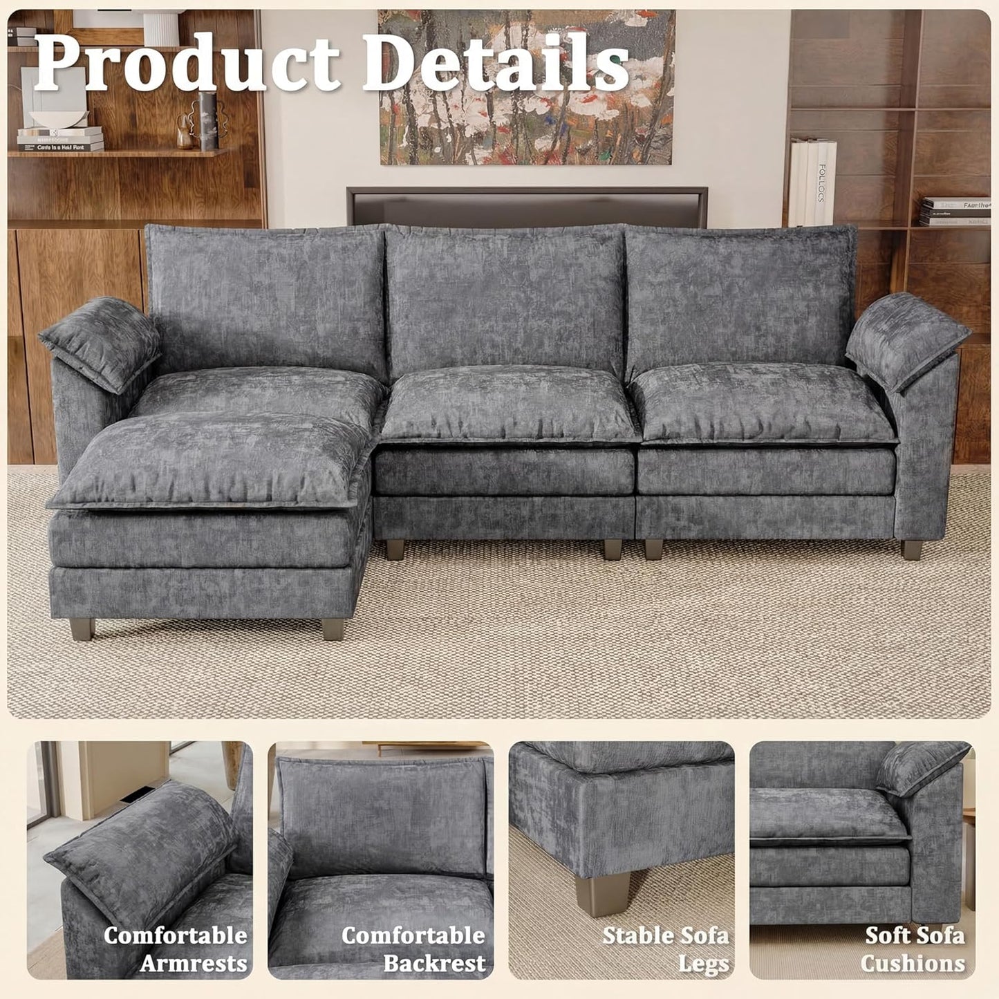 JUMMICO 118.9" Modular Sectional Cloud Couch 3-Seat Sofa Set with Movable Ottoman, L Shaped Sofa Couch with Deep Seat, Chenille Couches for Living Room (Light Grey-4, L Shaped Sofa)