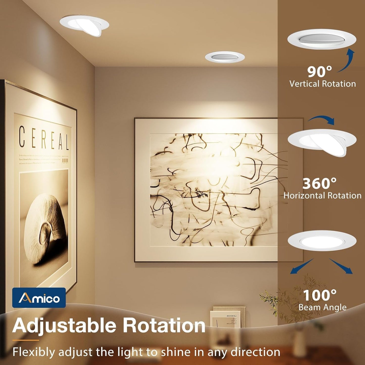Amico 12 Pack 6 Inch 5CCT Gimbal LED Recessed Ceiling Light, 360°&90° Adjustable Eyeball Directional Can Lights, Dimmable Retrofit Wafer Downlight with Jbox, 12W 1200LM CRI90+, White, ETL&FCC