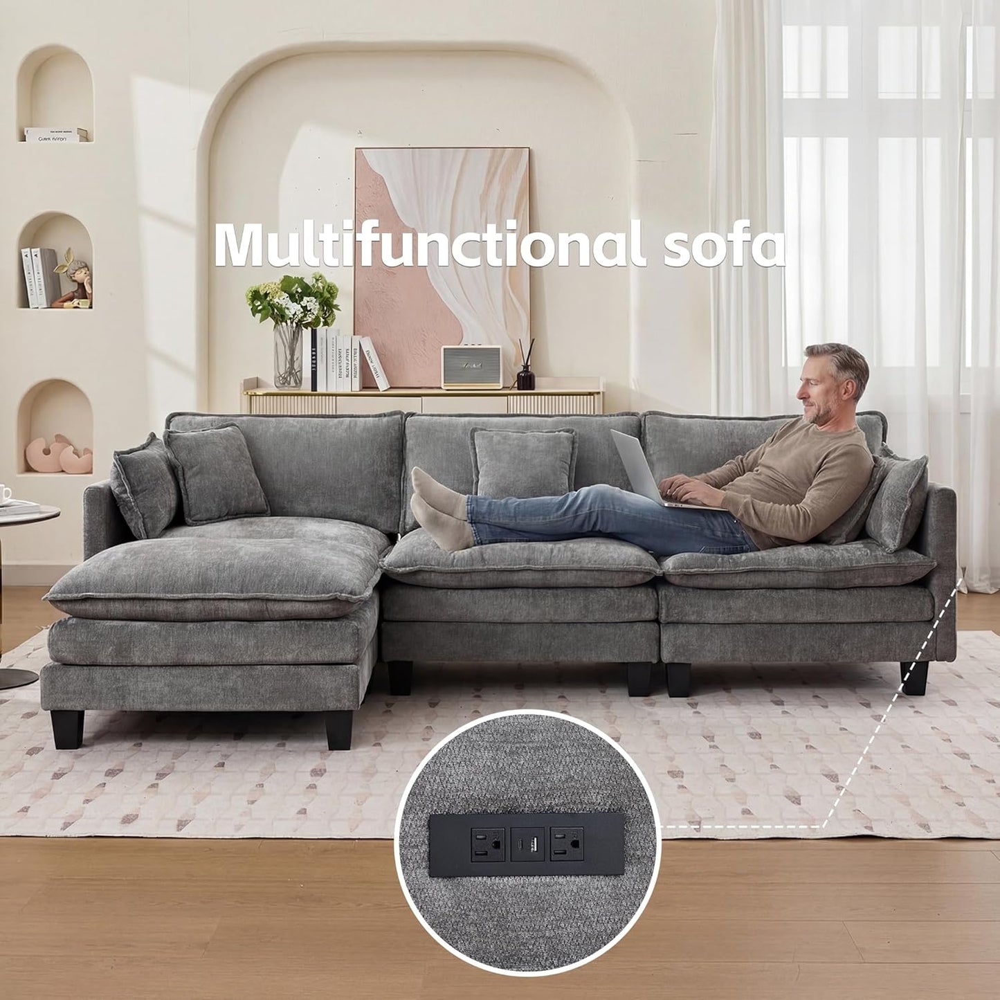Opiesit Modular Sectional Sofa with Movable Ottoman, 110" 4-Seat Modern Couches for Living Room, Comfy L Shaped Couch Set with Deep Seat for Office and Apartment, Grey Chenille Fabric