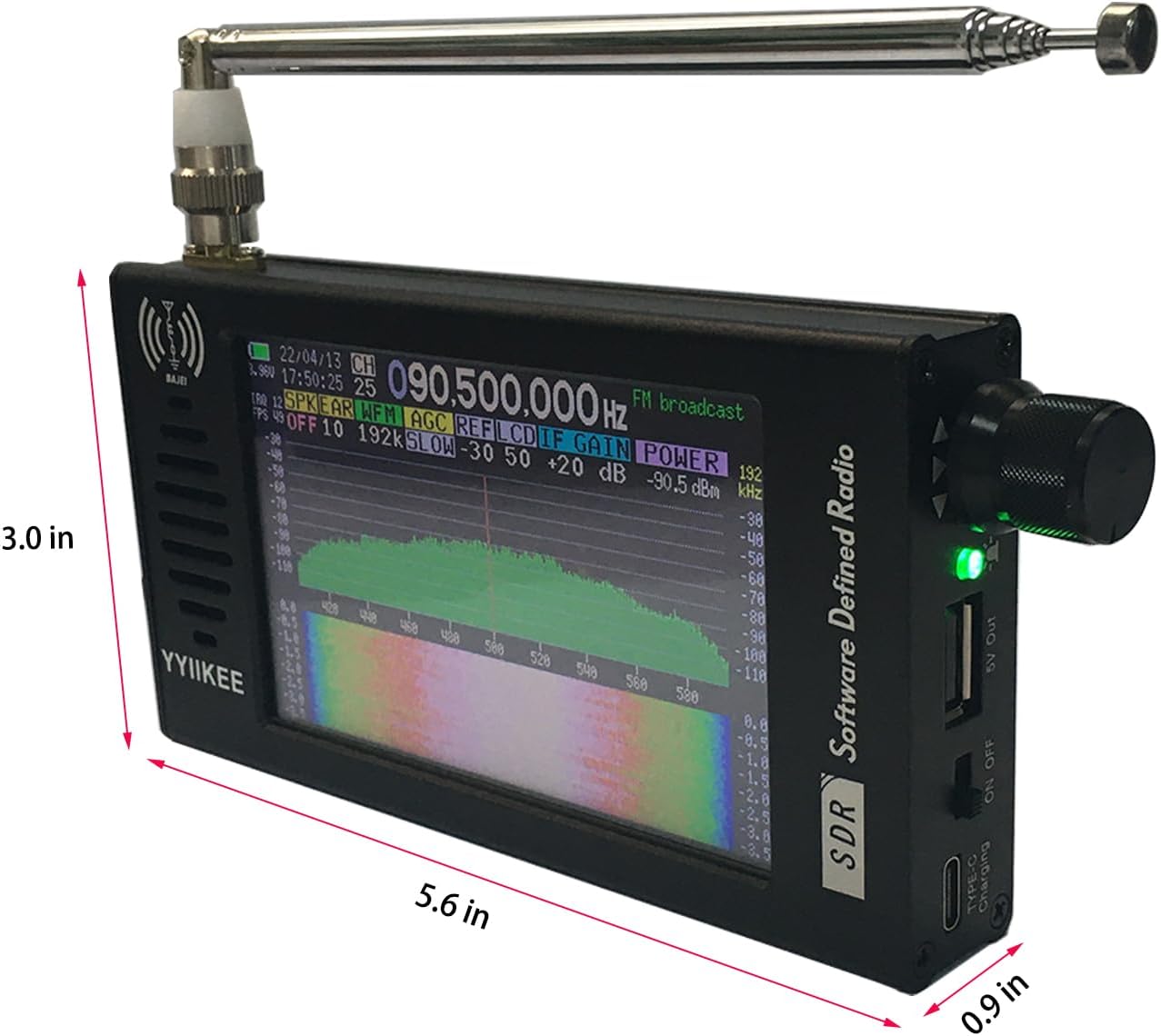 Portable DSP SDR Radio Receiver 4.3 Inch Touchscreen 100KHz-149MHz Full Bands, FM, SSB, CW, HAM Radio with Waterfall Display