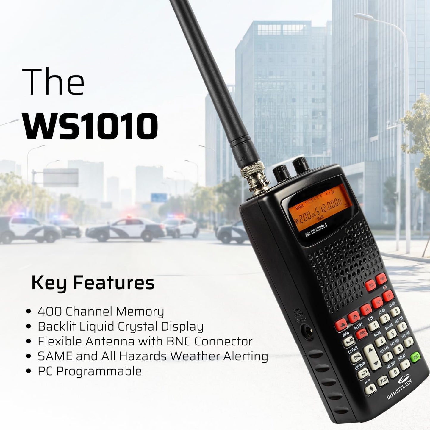 Whistler WS1010 Analog Handheld Scanner – 400 Channels, Skywarn, Same Weather Alerts, Spectrum Sweeper, PC Programmable, Service Banks for Police, Fire, Marine, Air & Ham – Black