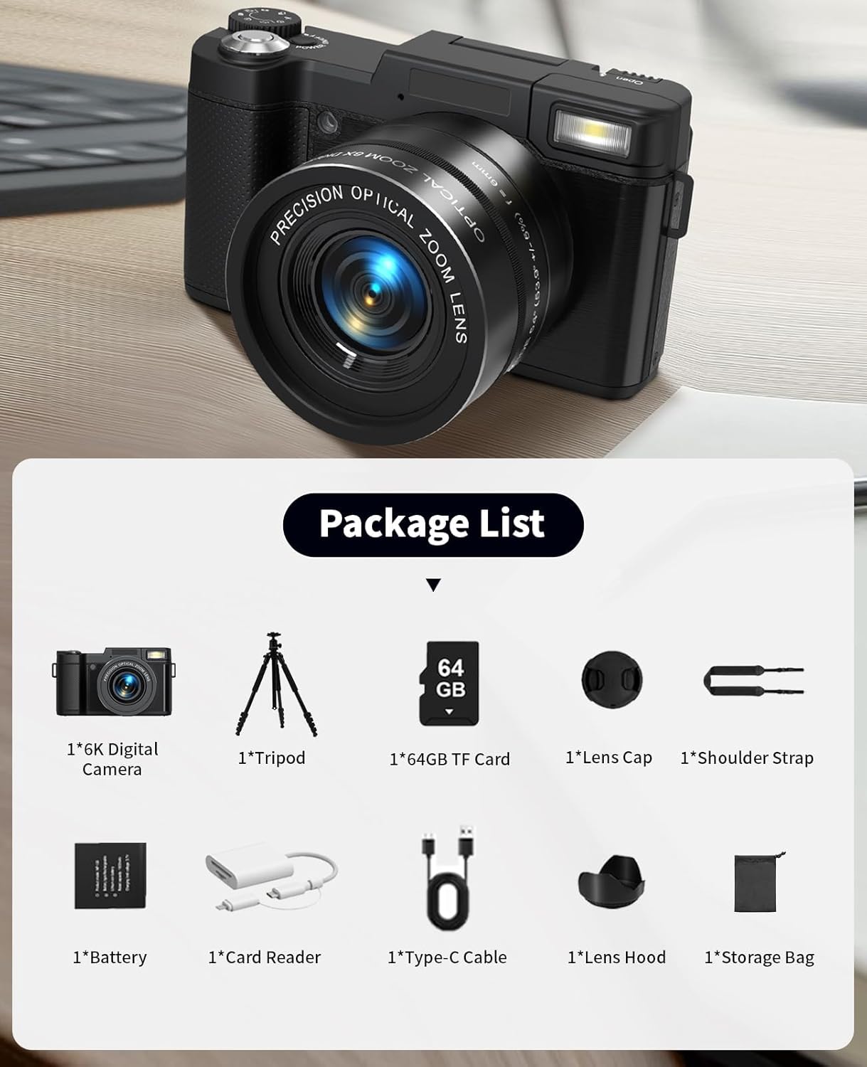 FLATIC 6K Digital Camera, 75MP Cameras for Photography with 8X Optical Zoom & Tripod, Anti-Shake Vlogging Camera with 3" 180° Flip Screen, 64GB Card, Card Reader, Vlog Travel Cameras for Teens