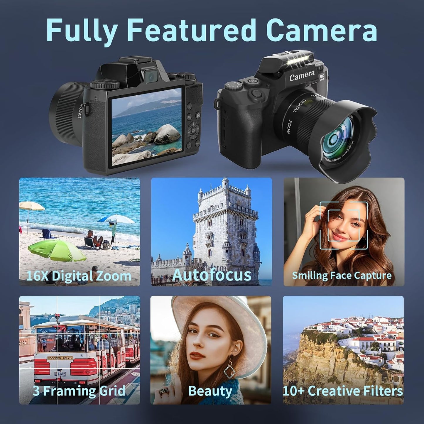 8K Digital Camera, 64MP WiFi Cameras for Photography with 4" Touchscreen, Vlogging Camera for YouTube with 16X Zoom Autofocus Dual Lens, 3000mAh Battery, 32GB Card & Lens Hood (Black)