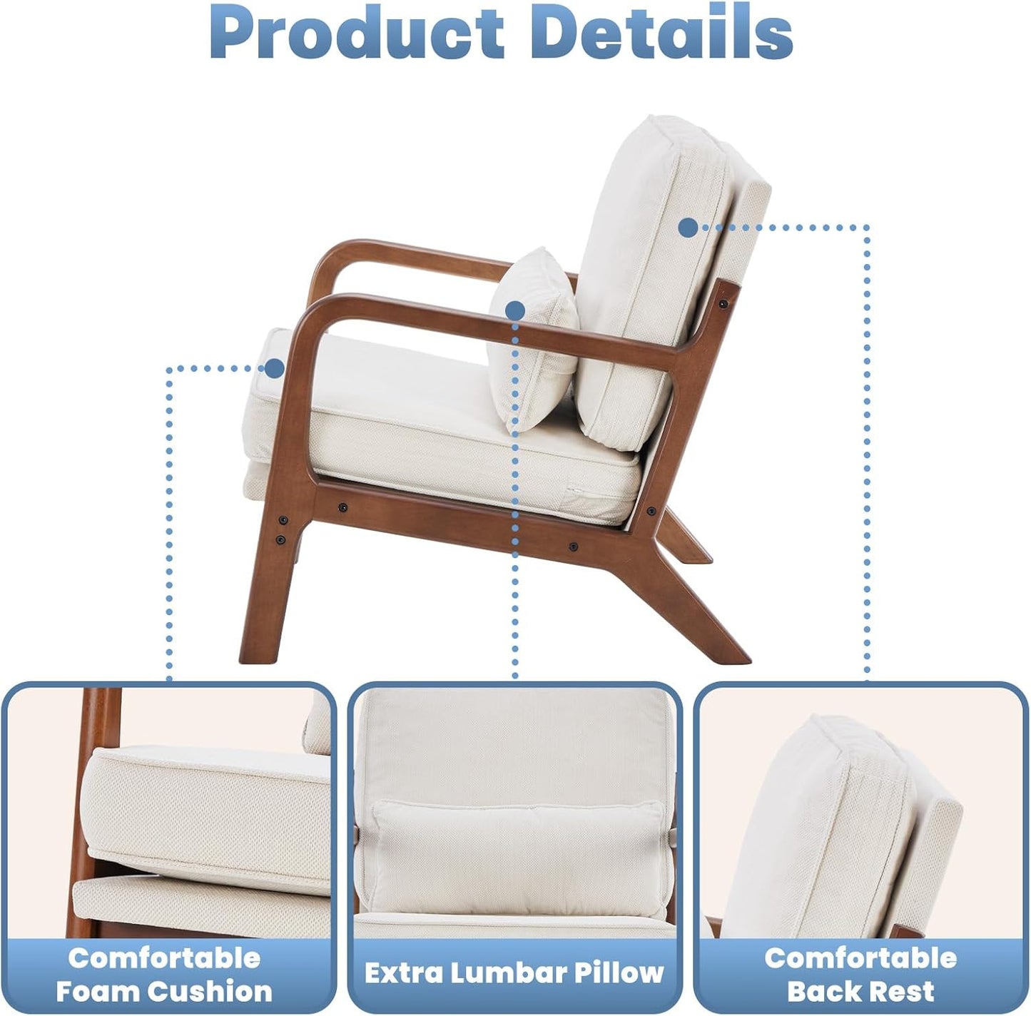 DUMOS Accent Chairs Set of 2,Mid Century Modern Chair with Arms and Waist Cushion, Reading Chairs for Adults, Lounge Chair for Living Room and Bedroom, Solid Wooden Frame, Cream