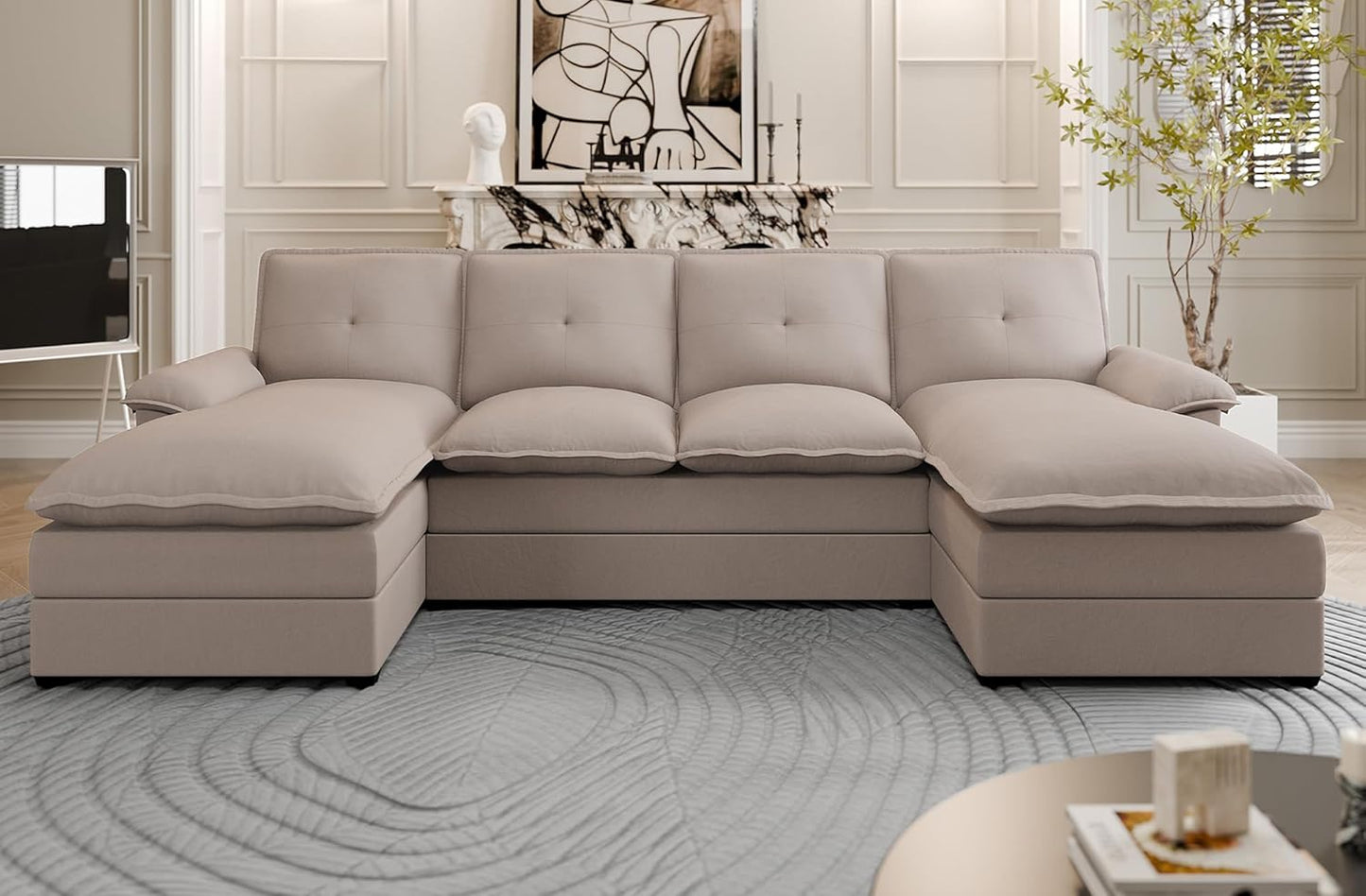 110" Sectional Couches for Living Room,4 Seat U Shape Modular Couch with Thick Cushion & Soft Backrest,Upholstered Sofa Couch with Double Chaise,Beige
