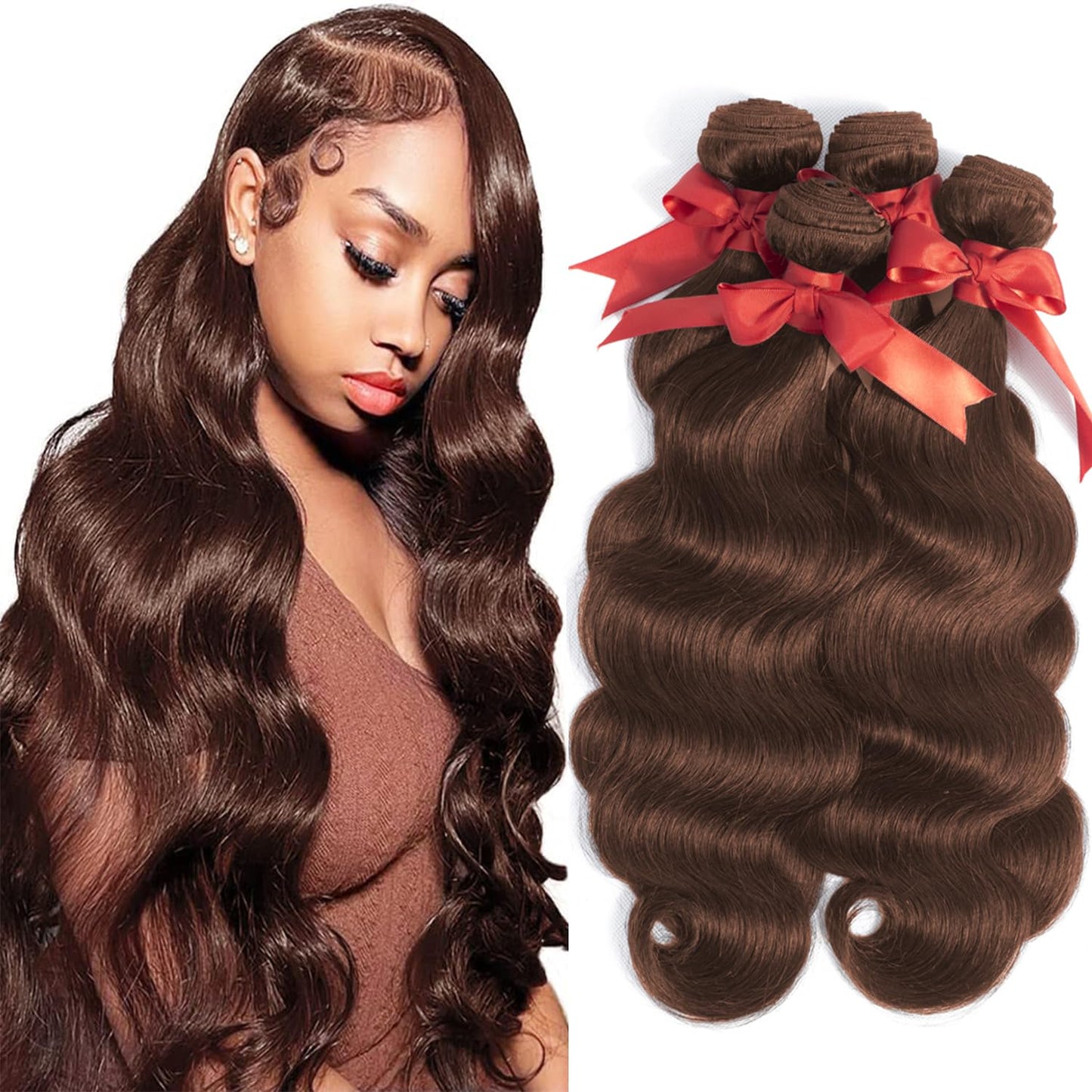 Body Wave Bundles Human Hair 20 22 24 24 Inch Brown Human Hair Bundles 12A 100% Unprocessed Indian Virgin Hair 4 Bundles Deal Dark Brown Chocolate Color Extension Color 4#