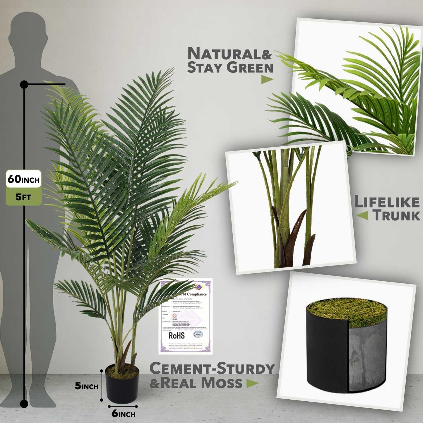 Aveyas 5ft Artificial Palm Tree for Home Decor, 5 Feet Faux Plant Fake Silk Tropical Kentia Areca Trees with Pot for Indoor Outdoor House Living Room Office Porch Garden (5 ft Tall) - Set of 2 Pack