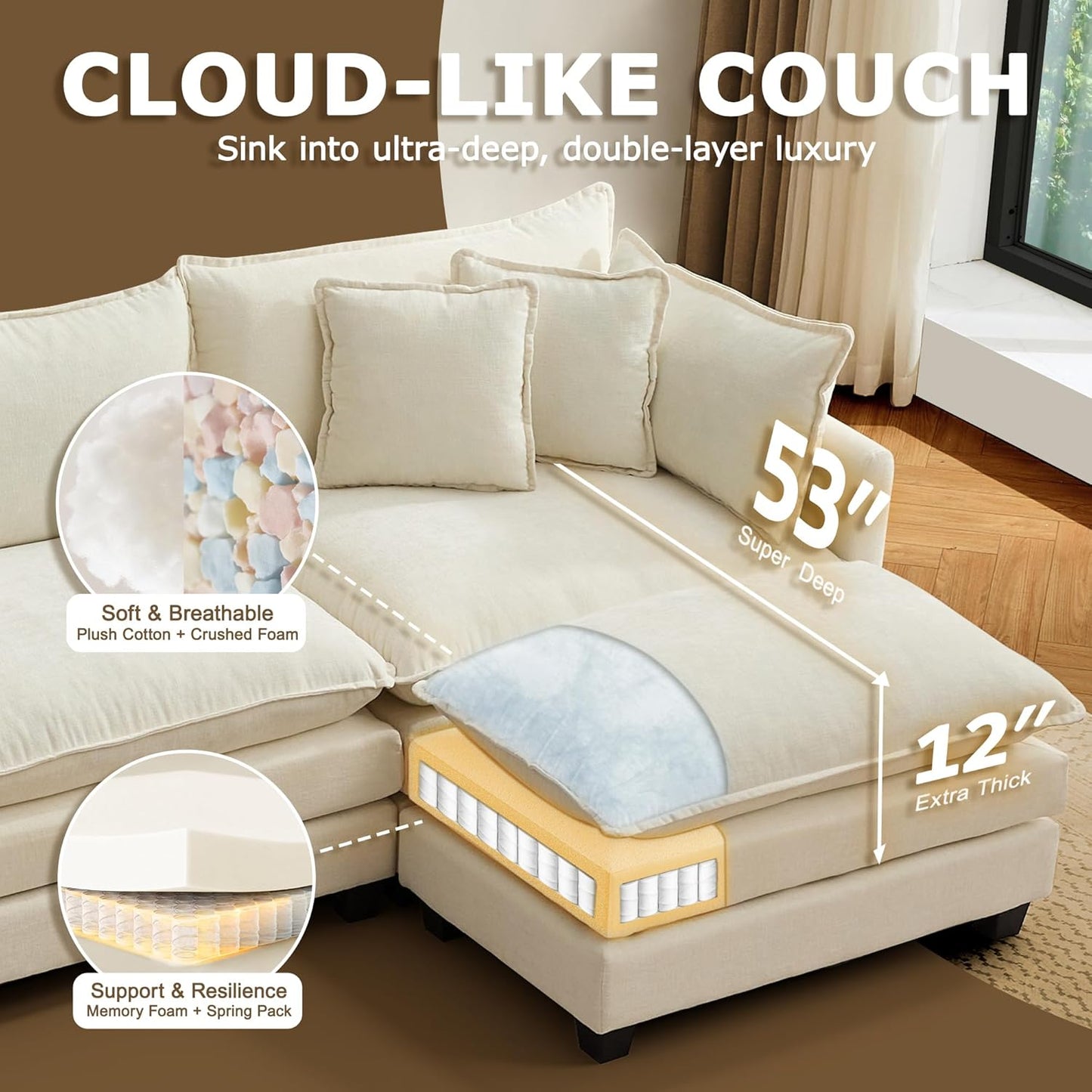 113” Modular Sectional Sofa, L Shaped Cloud Couch with Movable Ottoman, Comfy Chenille Deep Seat Sofa with Throw Pillows, 4 Seat Modern Couches for Living Room Bedroom Apartment, Beige