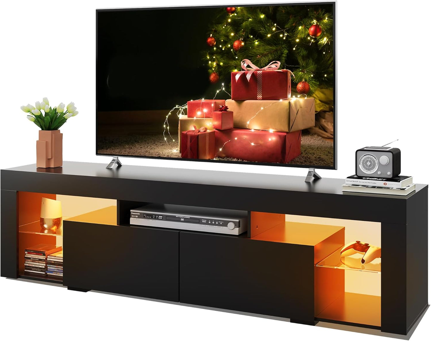 WLIVE 63 inch TV Stand for 50 55 60 65 70 Inch TVs, Modern Entertainment Center with LED Lights & 2 Large Storage Drawers, TV Console Gaming Media Television Stands for Living Room, Bedroom(Black)