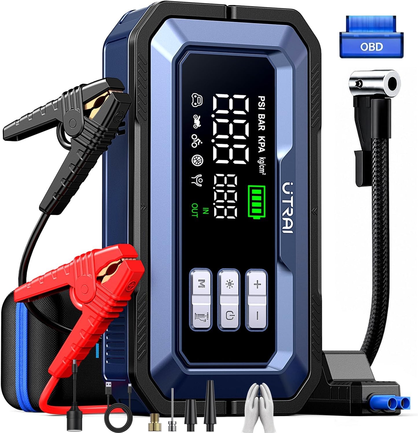 UTRAI Jump Starter with Air Compressor,8000A Portable Car Battery Jump Starter for All Gas/12L Diesel,150PSI Tire Inflator with Auto Shut-Off,160W DC Output, 2000LM Light,OBD2 Scanner