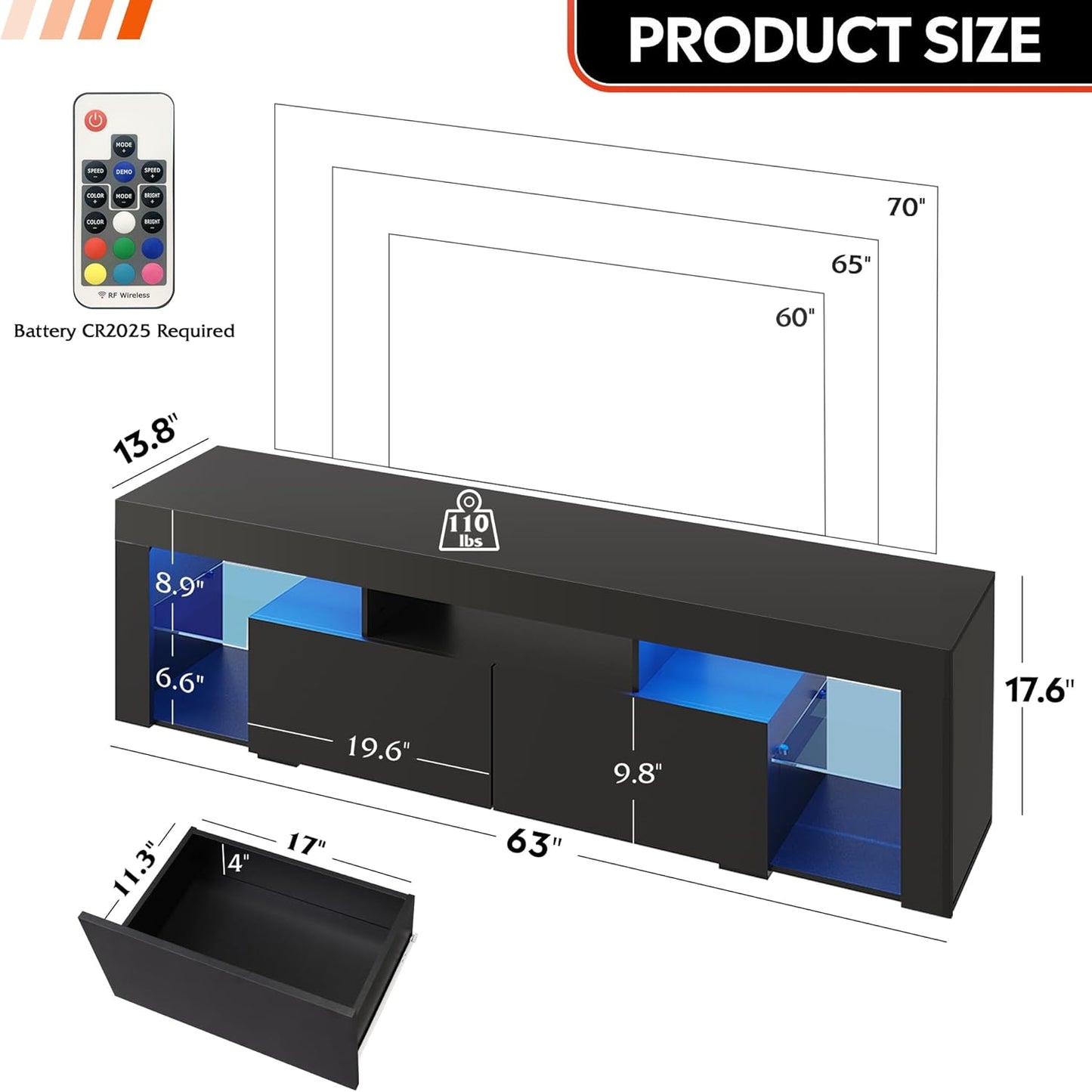 WLIVE 63 inch TV Stand for 50 55 60 65 70 Inch TVs, Modern Entertainment Center with LED Lights & 2 Large Storage Drawers, TV Console Gaming Media Television Stands for Living Room, Bedroom(Black)