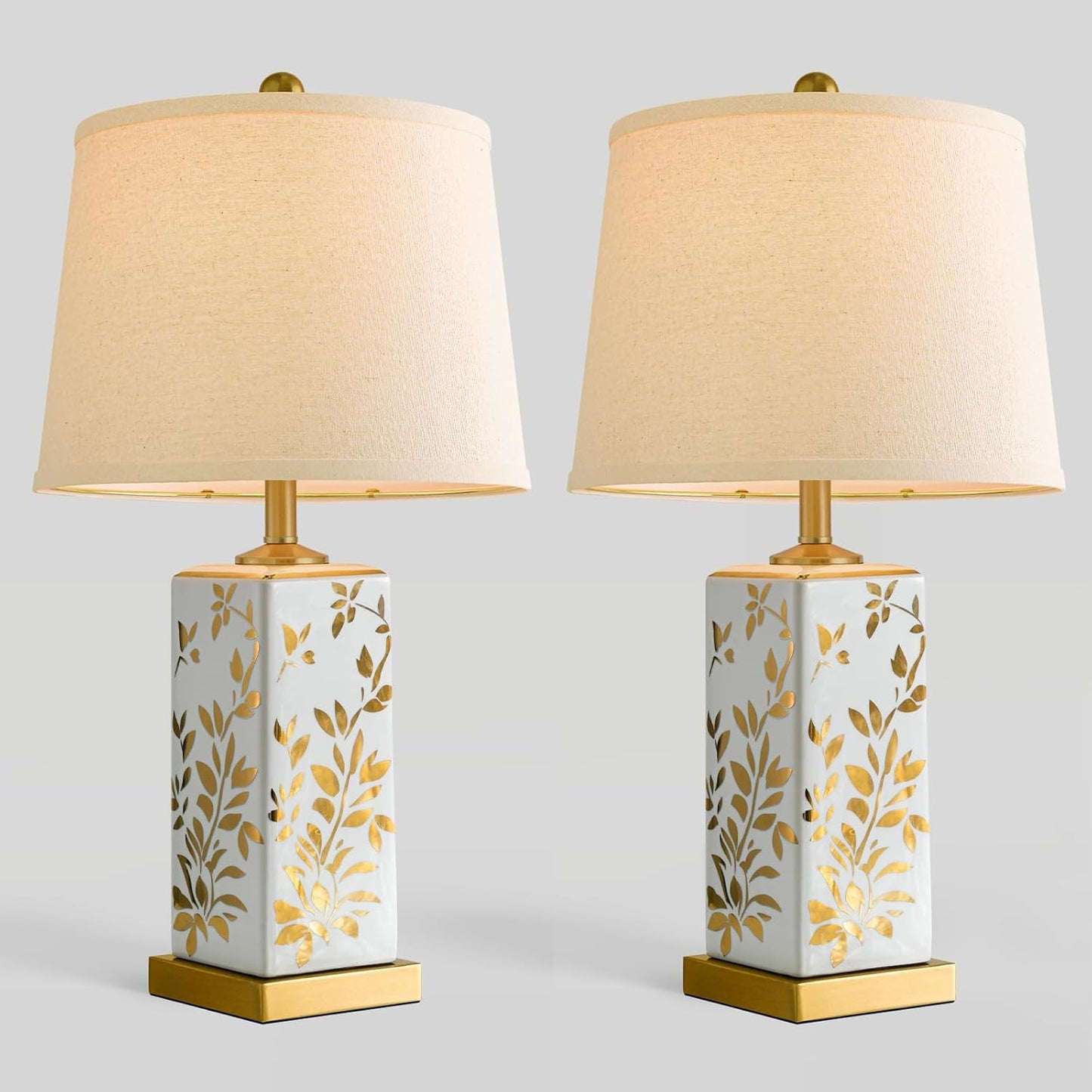 24.25" Mid Century Modern Lamp Set of 2, Vintage Farmhouse Chinoiserie Ceramic Table Lamps, Reflective Gold Leaf Pattern Bedside Lamps for Bedroom Living Room Nightstand, White & Gold