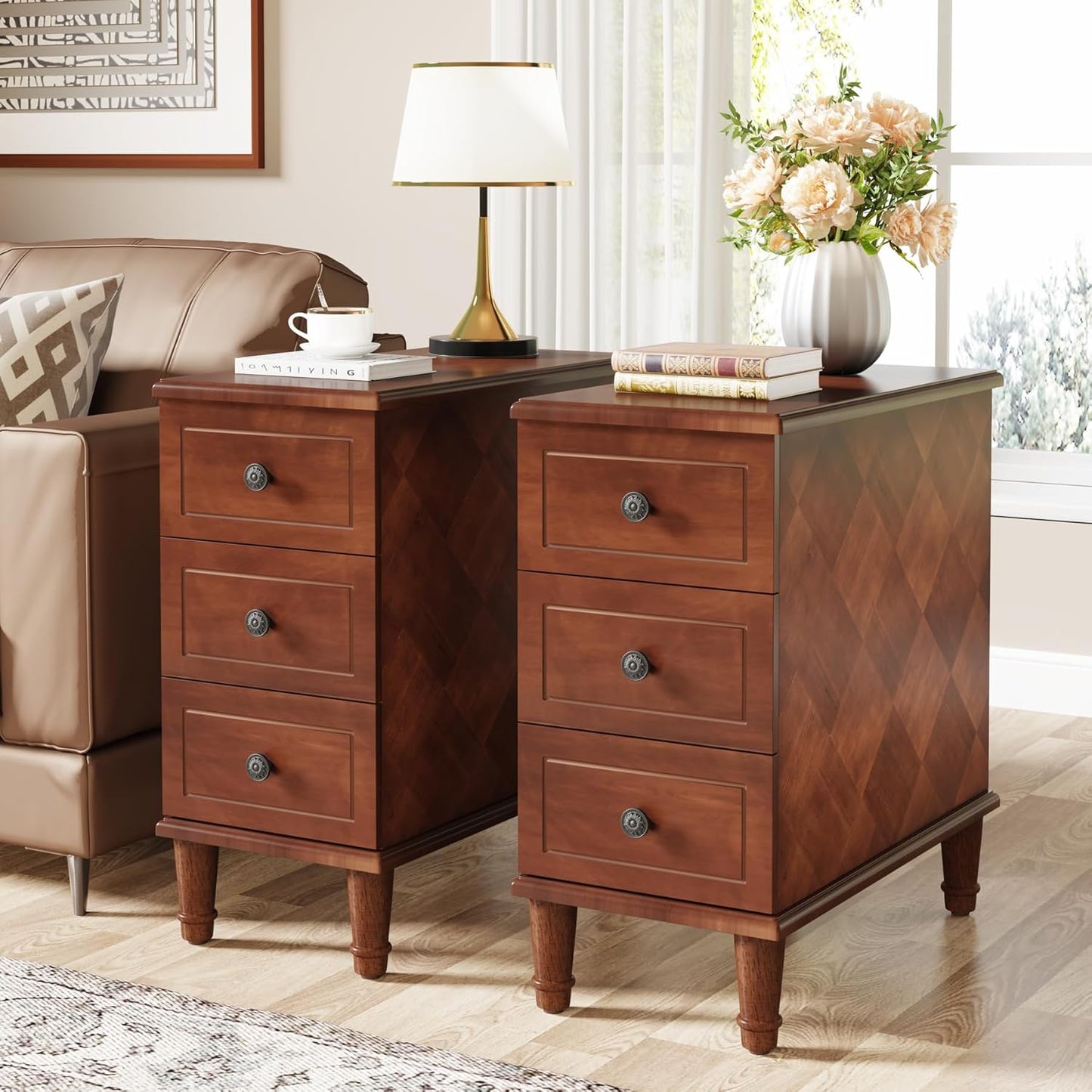 Tribesigns Solid Wood End Table Set of 2, Fully Assembled Narrow Side Table with Drawers, Pre-Assembled Nightstand Slim Bedside Table for Small Spaces, Living Room, Bedroom, Brown
