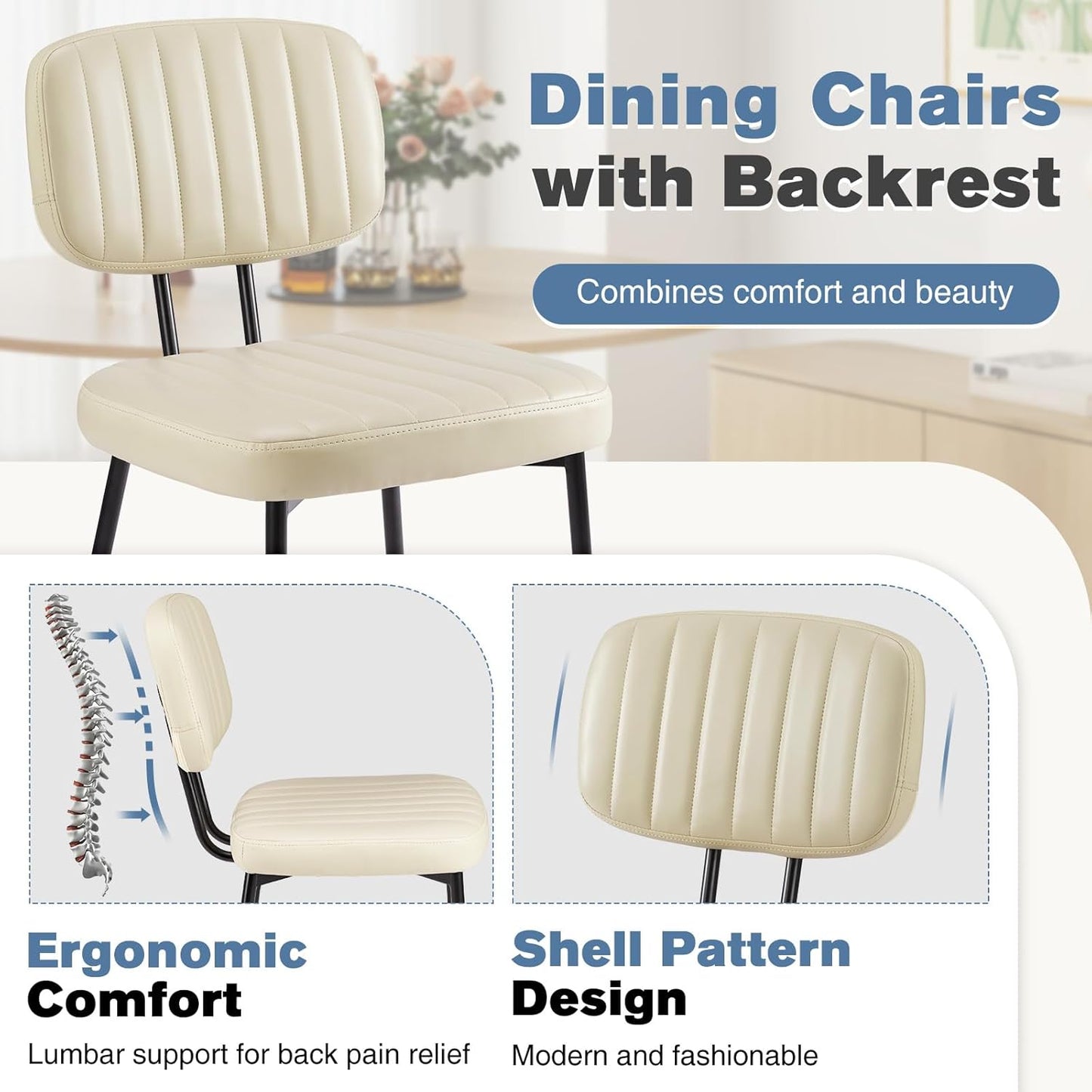 DUMOS Dining Chairs Set of 4, Upholstered Mid-Century PU Leather Accent Chair with Backrest and Metal Legs for Kitchen, Living Room, Beige White