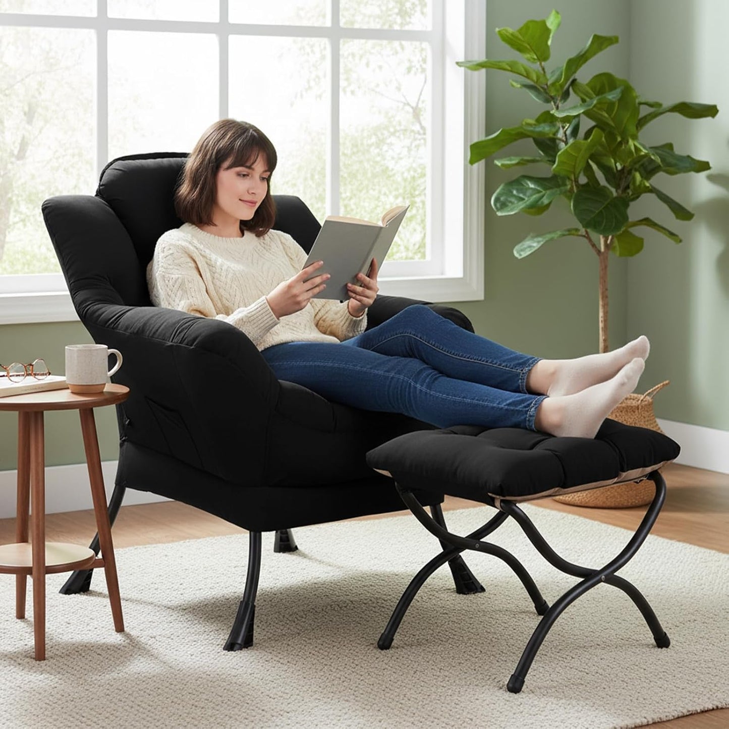 Lazy Chair with Ottoman, Modern Accent Chair Contemporary Lounge Leisure Sofa Chair with Armrests, Reading Chair and Folding Footstool Set for Living Room, Bedroom, Office, Black