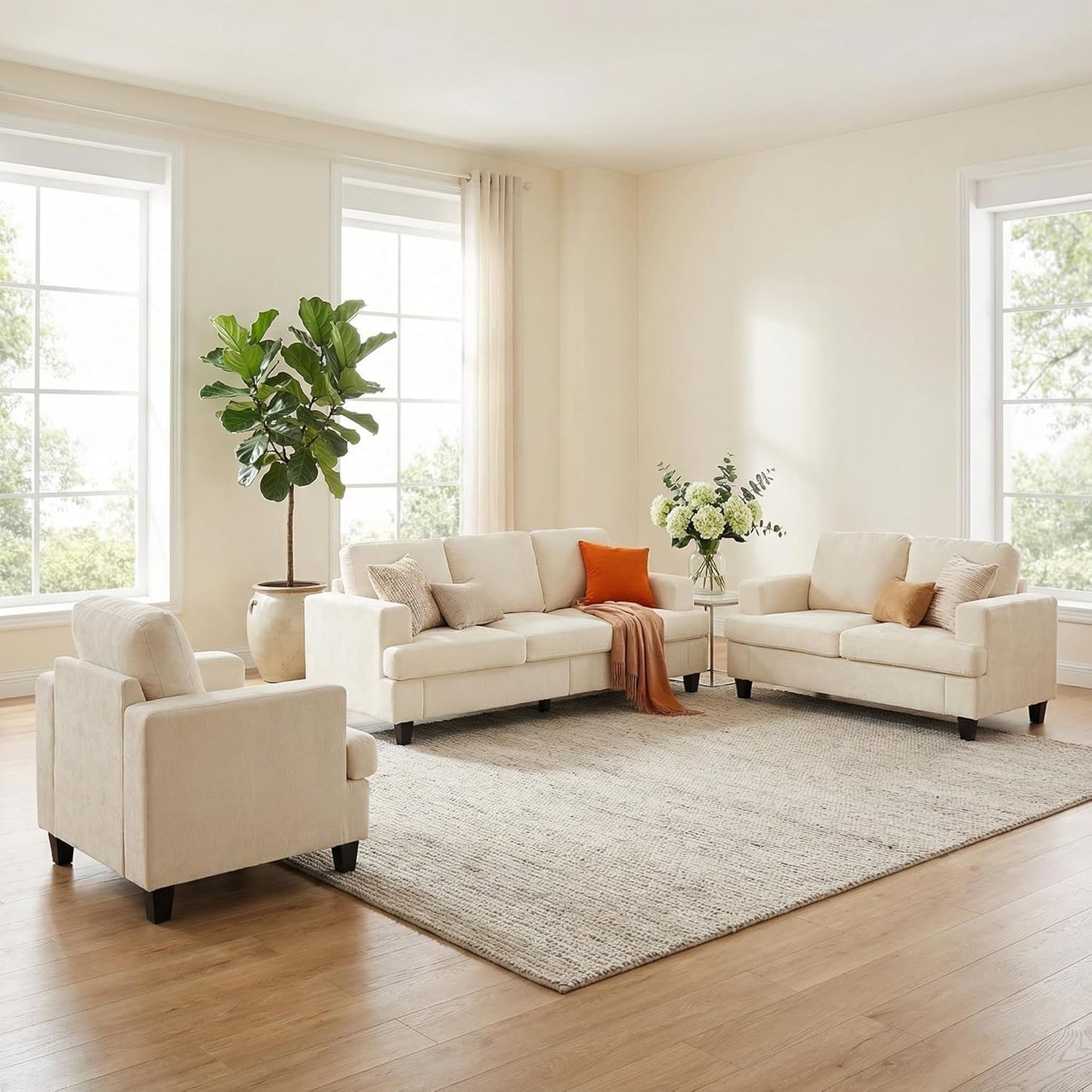 ijuicy 6 Seat Chenille Sectional Sofa Set for Living Room Furniture Set,3 PCS Modern Couch Set,82" Width 3 Seat Couch & Loveseat & Armchair with Solid Wood Legs and Thick Cushion(3+2+1Seat/Beige)