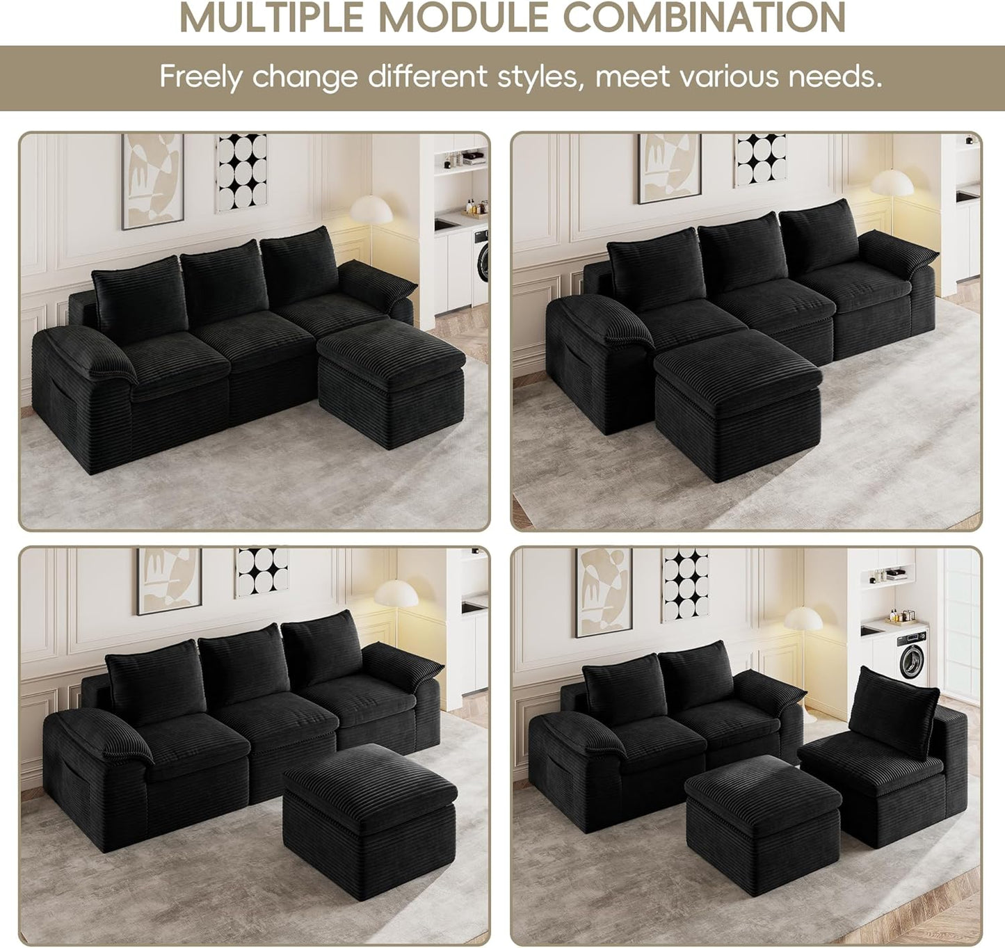 2 Pieces Cloud Sectional Couch Sets, Convertible Modular Sofa with Deep Seat, 104" L-Shaped Boneless Couches and 76" Loveseat Set for Living Room. Black
