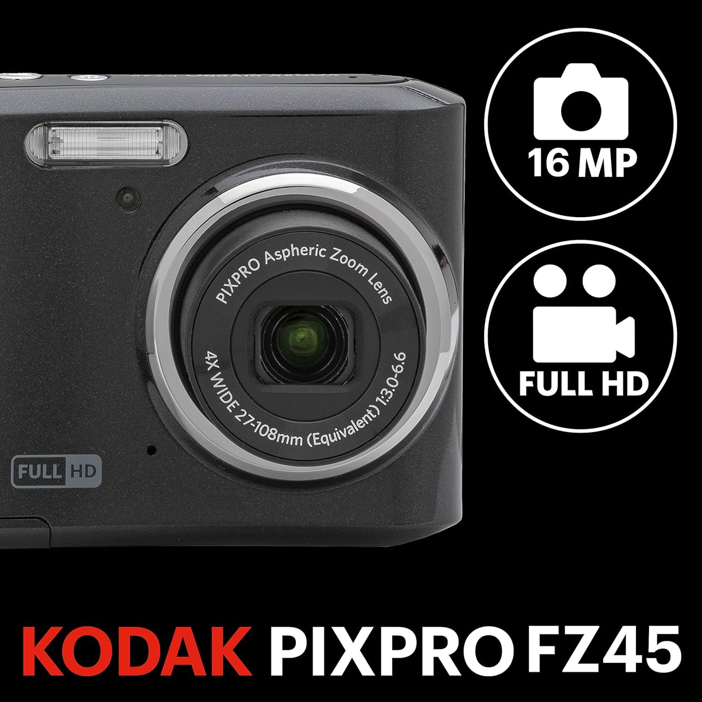 Kodak PIXPRO FZ45 Digital Camera, 16MP Point & Shoot with 4X Optical Zoom, 27mm Wide Angle, 2.7 Inch LCD, 1080p Video, Black