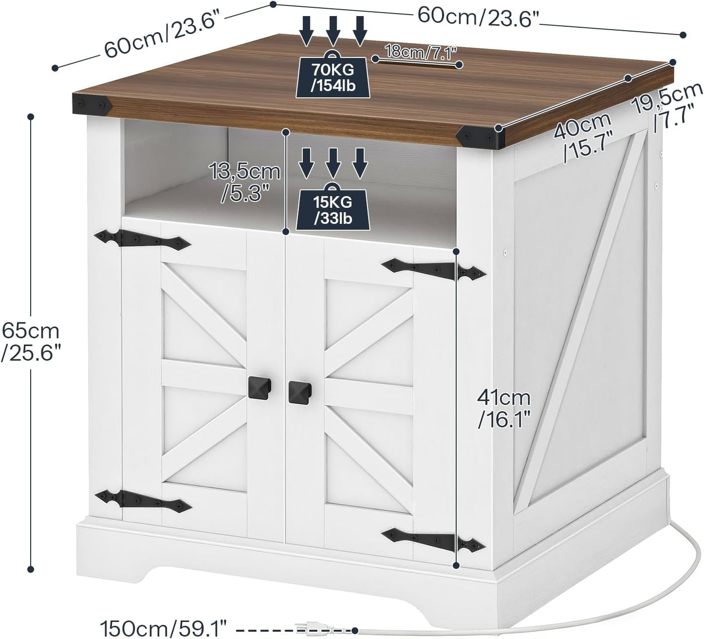 HOOBRO Farmhouse End Tables Set of 2 with Charging Station, 23.6" Large End Table for Living Room, Sofa Side Table with Barn Door, Wooden Square Nightstand Bedside Table, White and Walnut WH601UBZP201