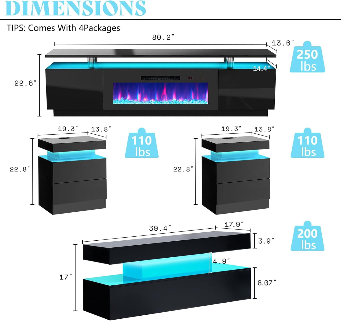 AMERLIFE 5 Piece Modern Living Room Table Set, Includes 80" Fireplace TV Stand, 2-Tier Coffee Table, 2 X Side Tables with Charging Station, LED Media Furniture, Black